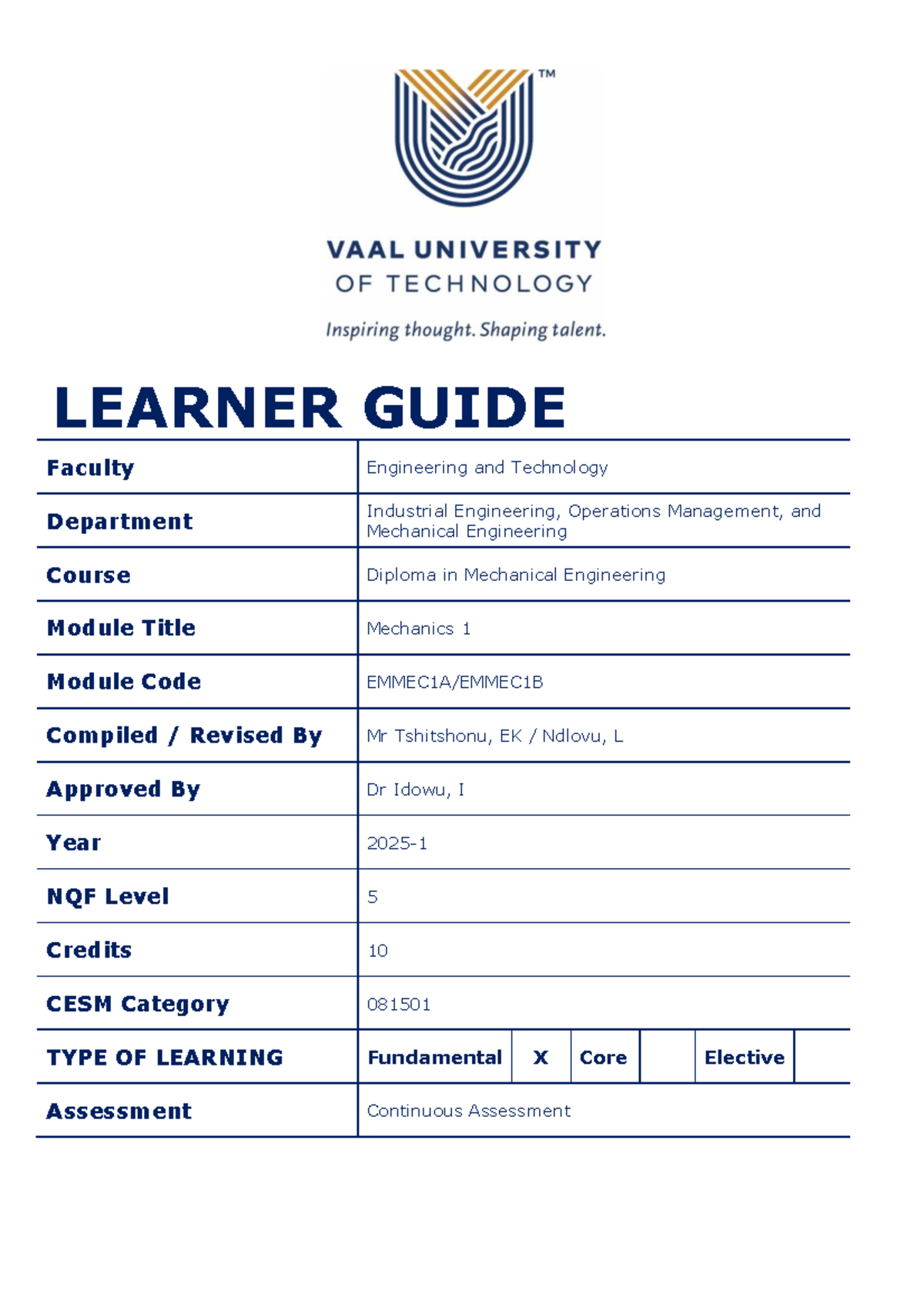 Learner Guide Emmec 1A - Semester 1-2025(pdf) - LEARNER GUIDE Faculty ...