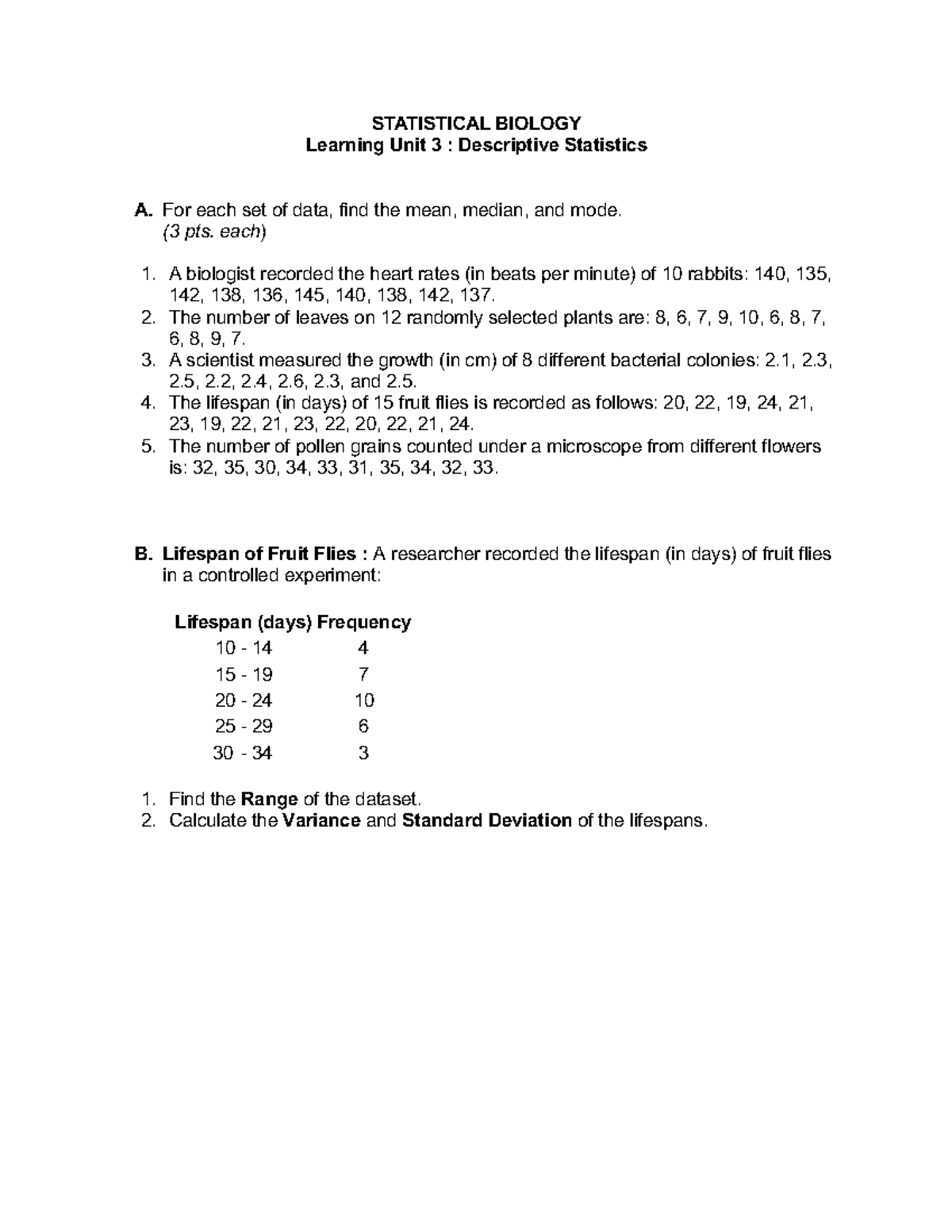 LU3 Assessment - For review - STATISTICAL BIOLOGY Learning Unit 3 ...