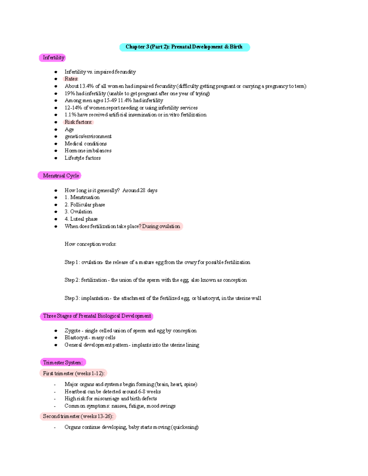 Chapter 3 (Part 2): Overview of Prenatal Development and Birth - Studocu
