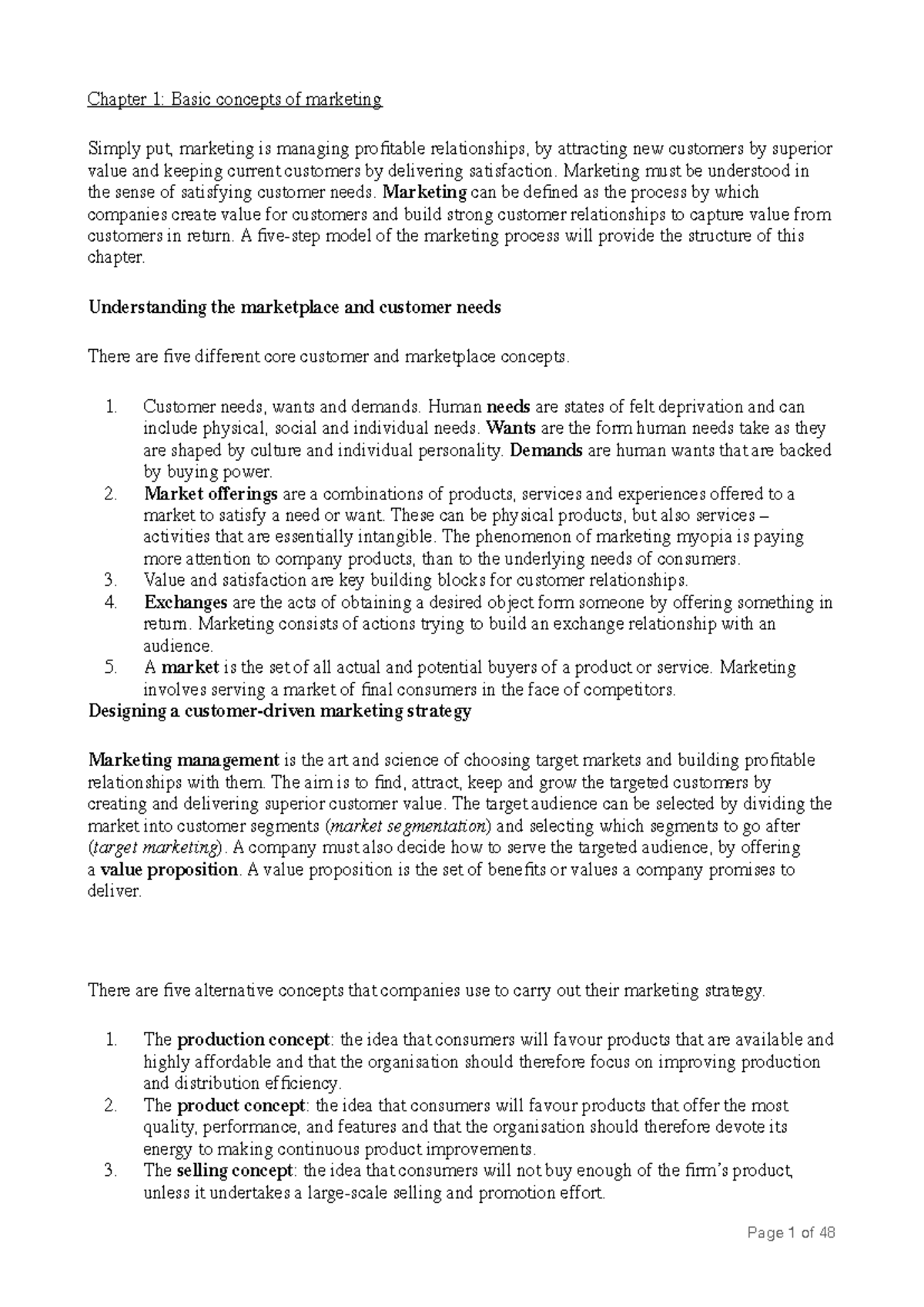 Marketing Concepts Overview - Summary Notes for MKT 101 - Studeersnel
