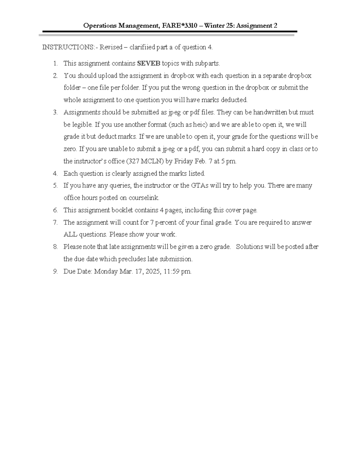 Operations Management, Winter 25: Revised Assignment 2 Guidelines and ...