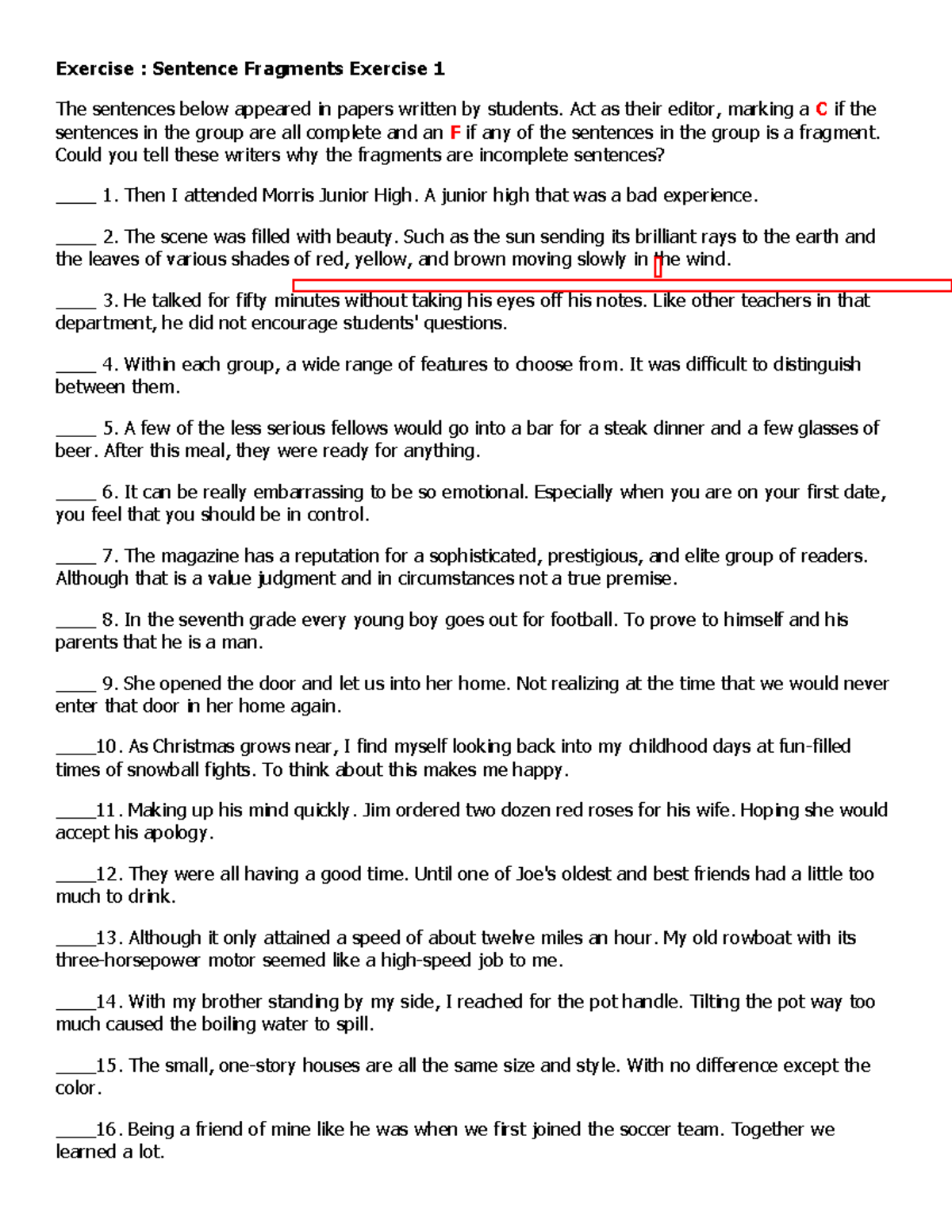 Fragment Exercise-Lesson 2 - Exercise : Sentence Fragments Exercise 1 ...