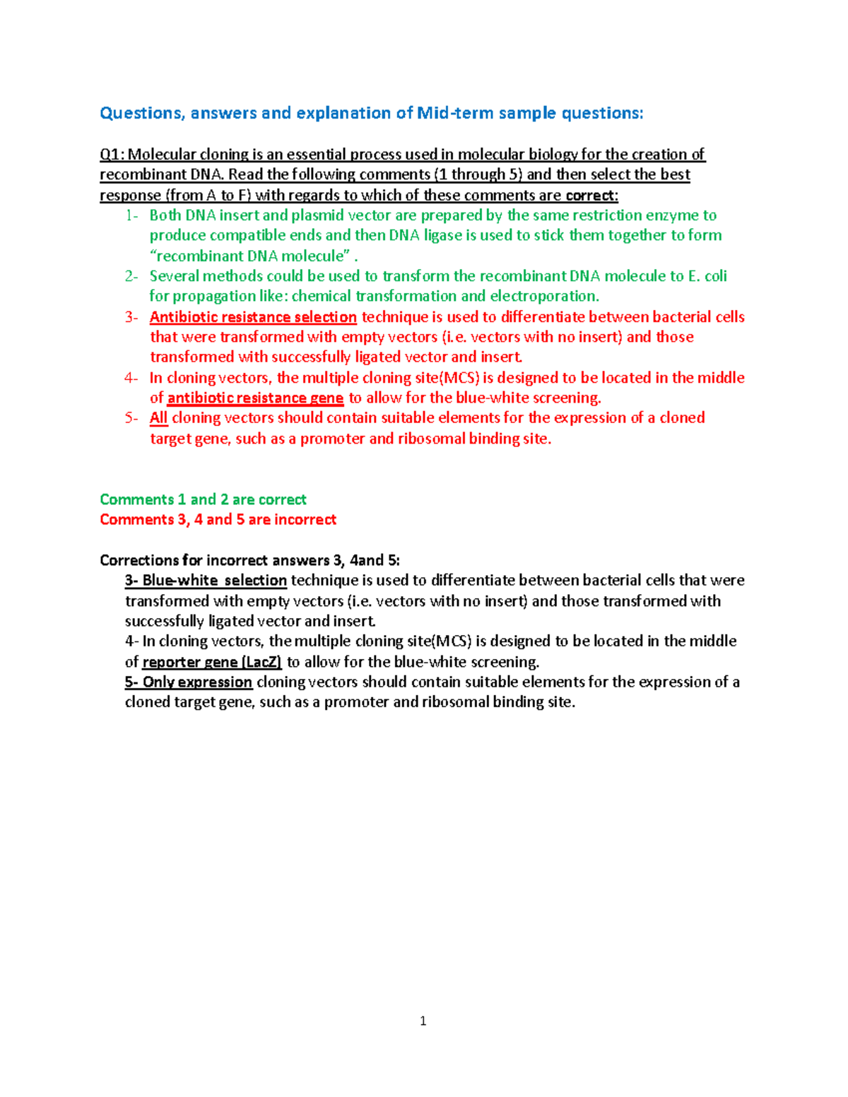 Mid-term sample question answers (Fall term, 2021) - MBIO3410 - U of M ...