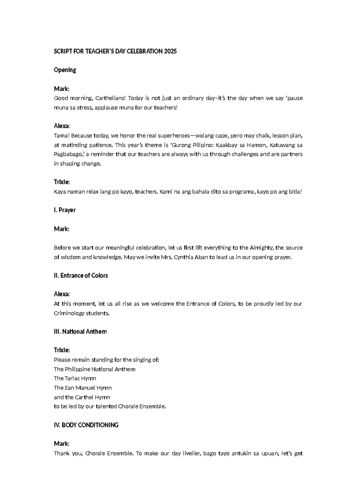 SCRIPT FOR TEACHER'S DAY CELEBRATION 2025 - Studocu