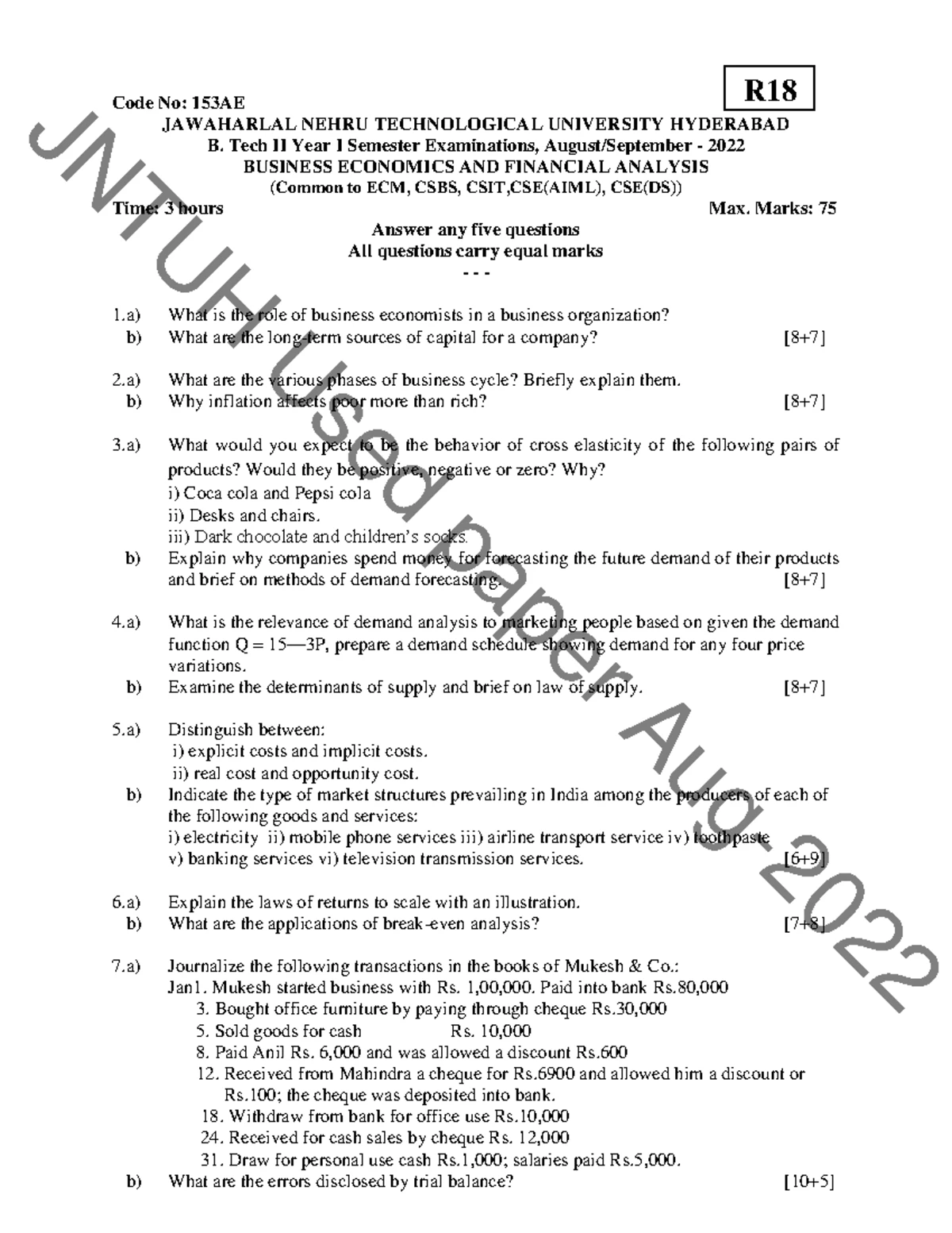 R18 BEFA - Previous Year Question Paper for Business Economics ...