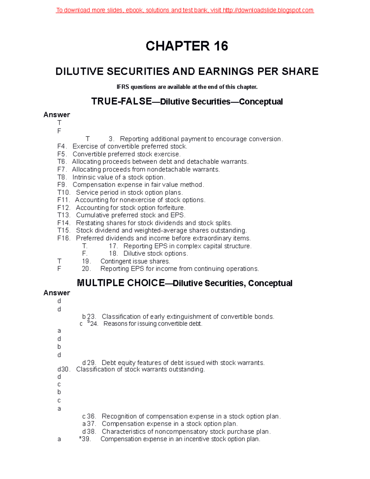 Chapter 16 Test Bank - ccccccc - CHAPTER 16 DILUTIVE SECURITIES AND ...