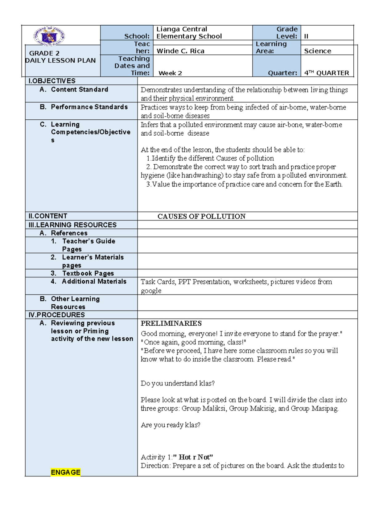 GRADE 2 SCIENCE LESSON PLAN: CAUSES OF POLLUTION (4TH QUARTER) - Studocu