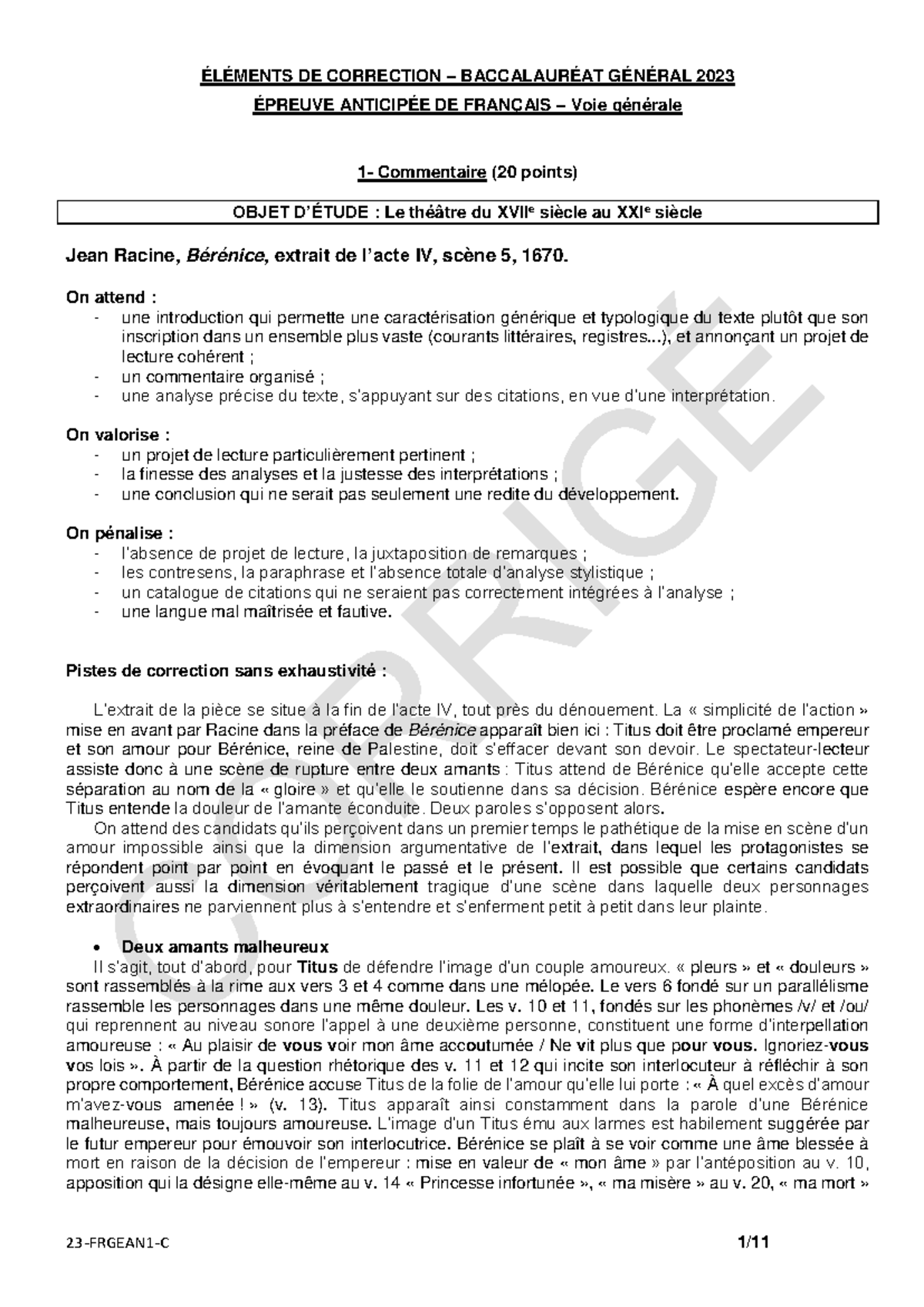 BACCALAURÉAT GÉNÉRAL 2023 : CORRECTIONS SUR RACINE ET MANON LESCAUT ...