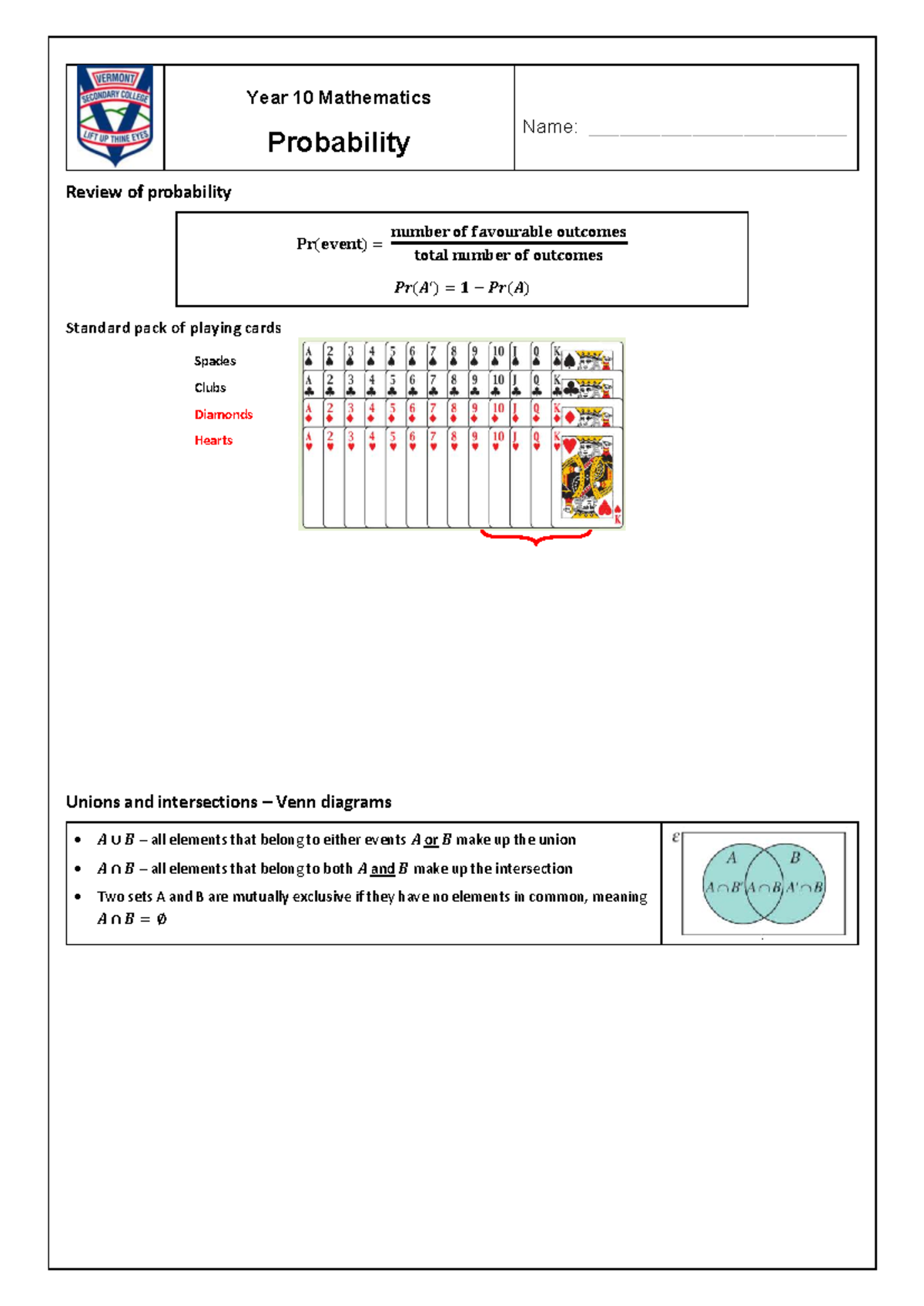 Year 10 Mathematics (L10) Probability Summary Sheet - Studocu