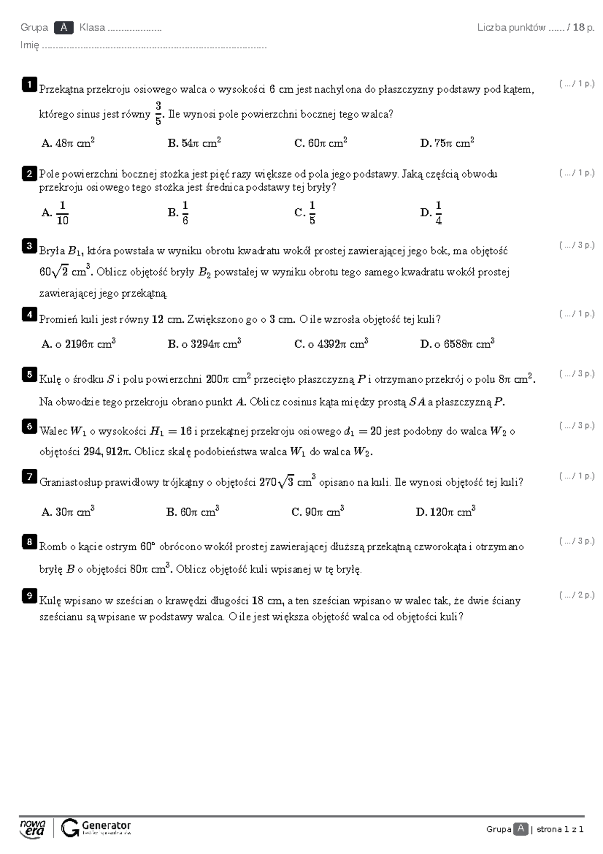 Sprawdzian Z Bryl Obrotowych 3 Gimnazjum www.studocu.com