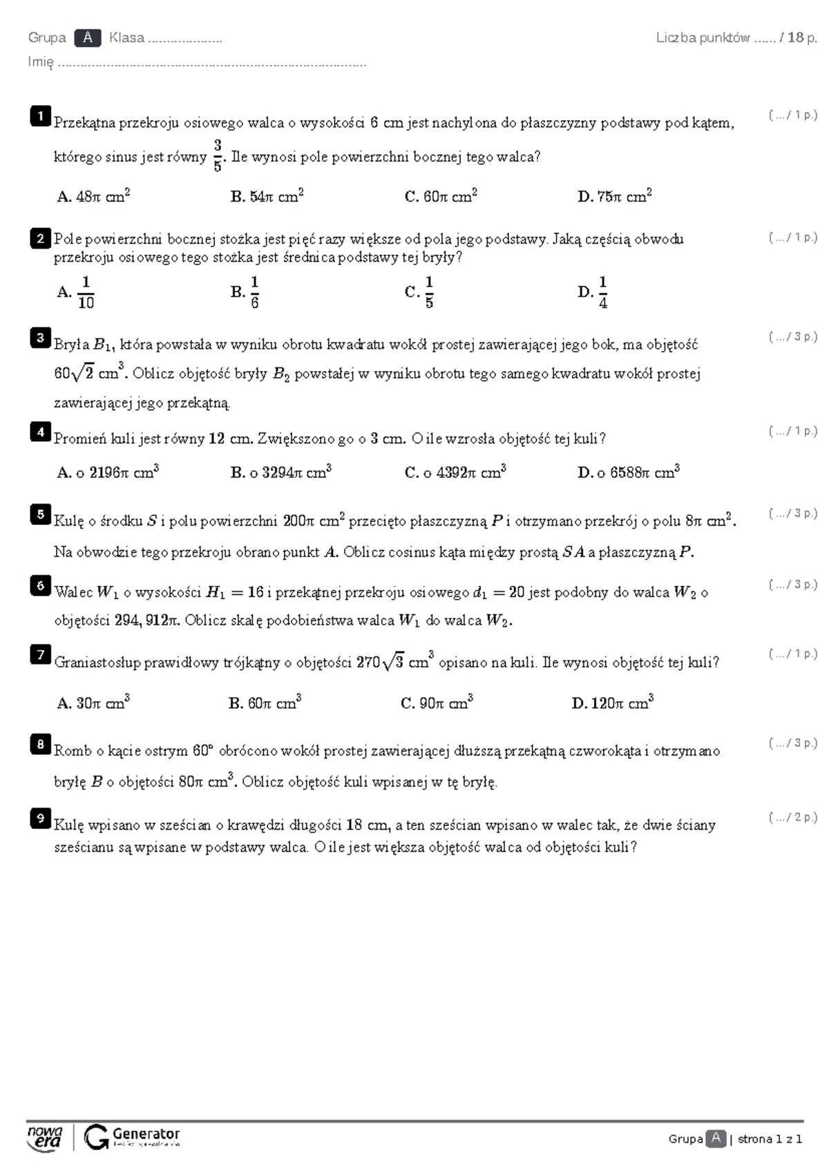Sprawdzian Z Brył Obrotowych W Gimnazjum www.studocu.com