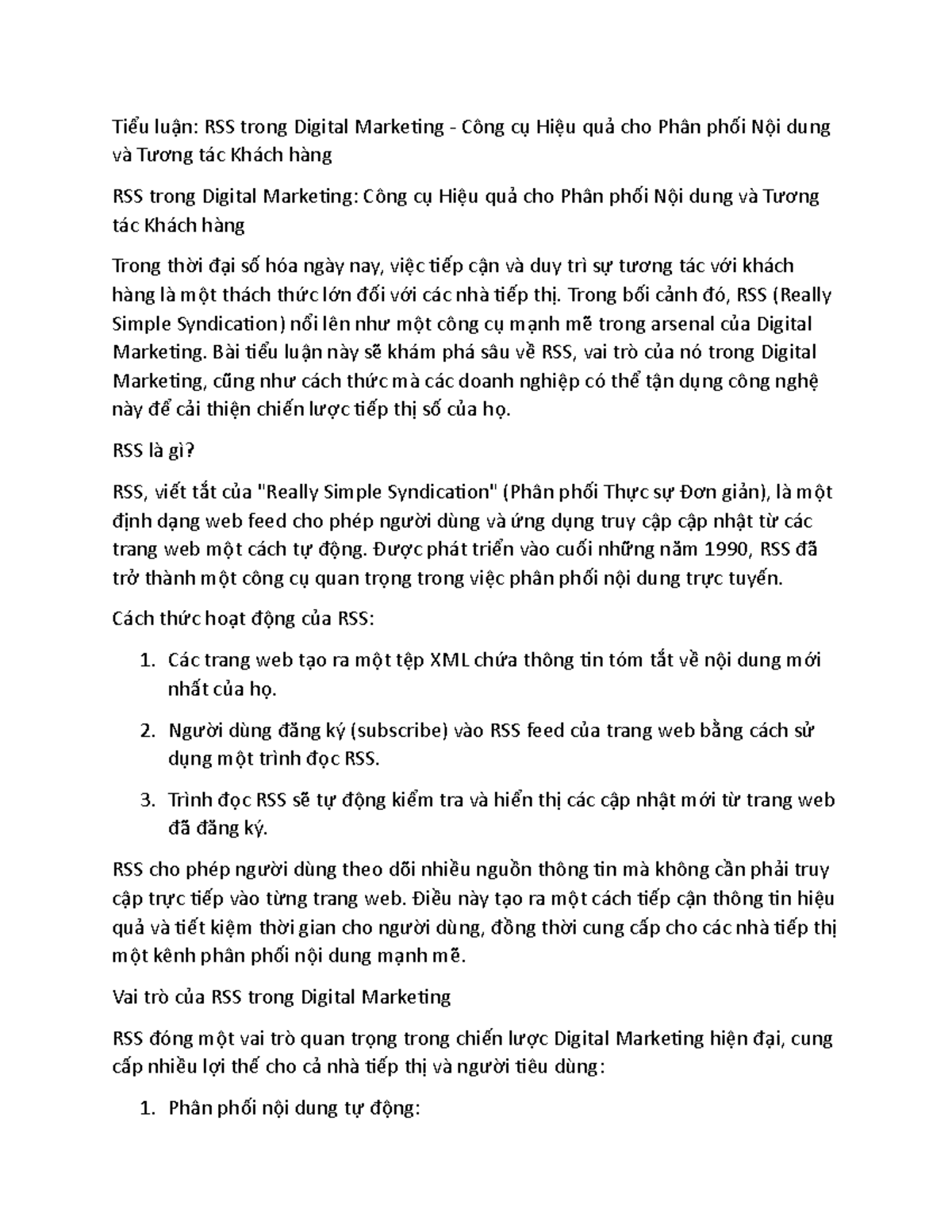 RSS - Tiểu luận về Vai trò của RSS trong Digital Marketing - Studocu