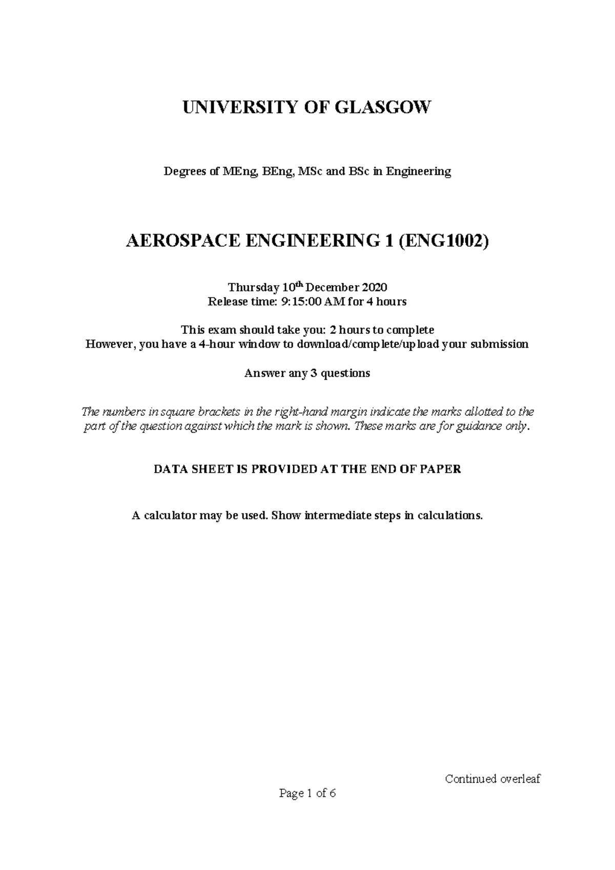 Aerospace Engineering Exam ENG1002 December 2020 Overview and Questions ...