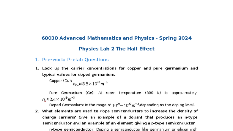 68038 Advanced Mathematics and Physics Spring 2024 Lab Report: Hall ...