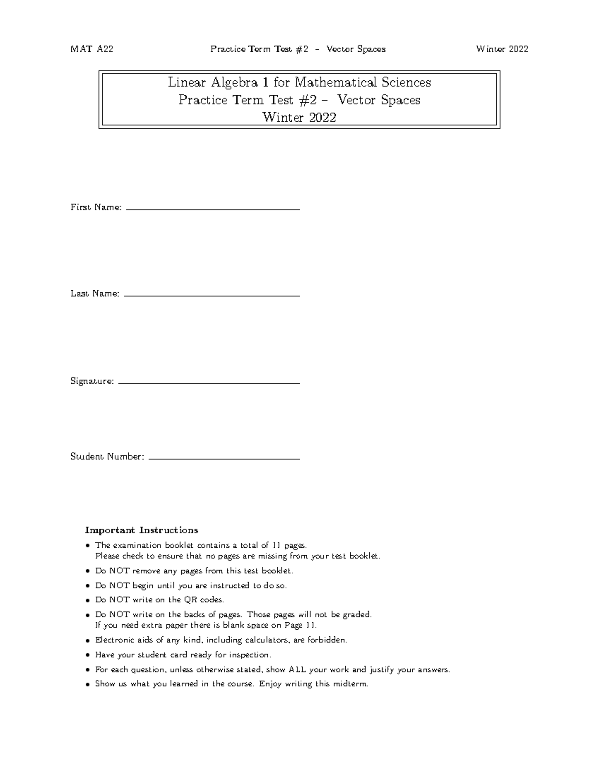 MAT A22 Midterm Practice Test #2 – Vector Spaces Winter 2022 - Studocu