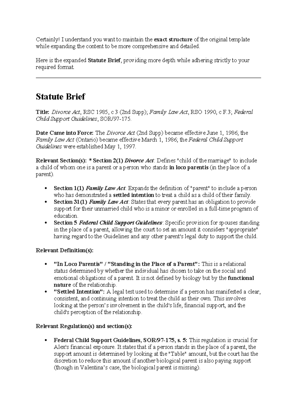 Statutory Brief on Divorce Act & Family Law Act (RSC 1985, RSO 1990 ...