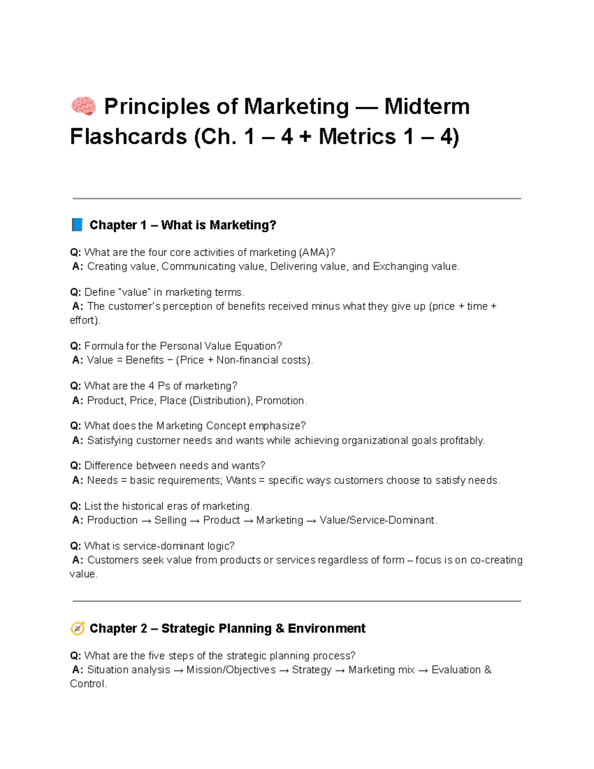 🧠 Principles of Marketing MKT 101 Midterm Flashcards (Ch. 1-4) - Studocu