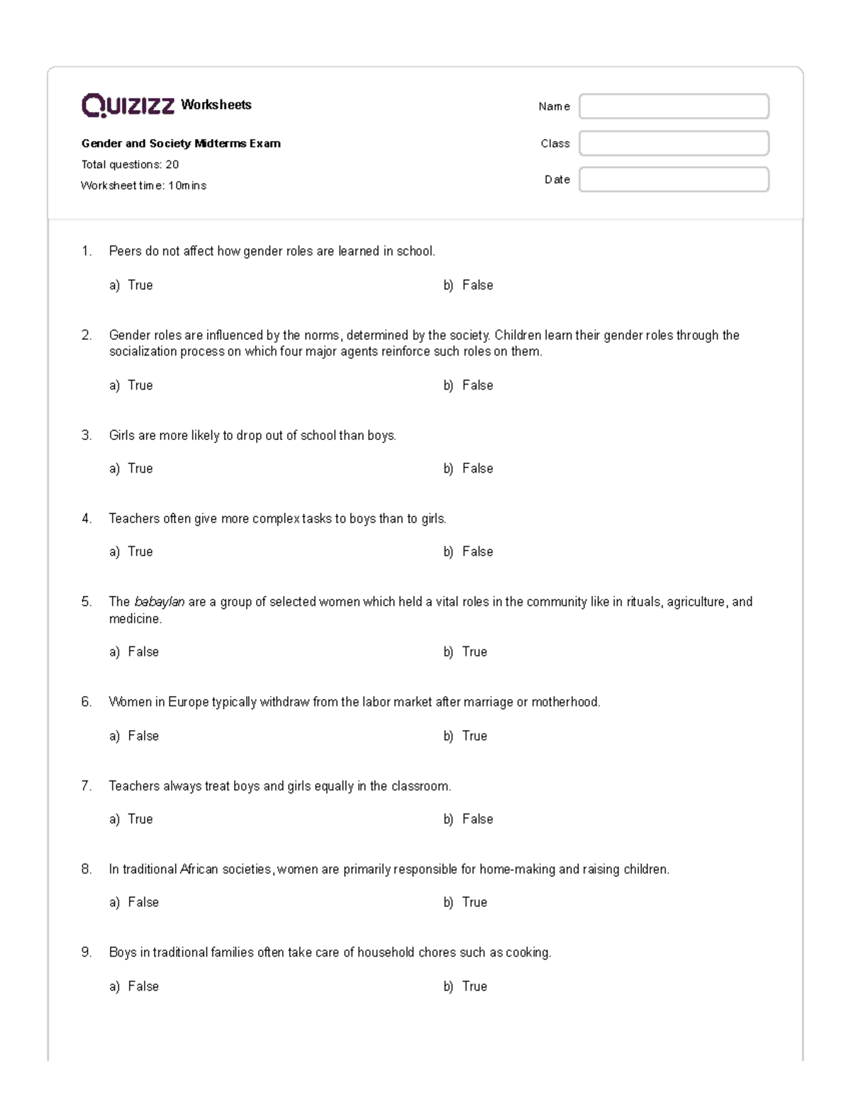 Gender and Society Midterm Exam Worksheet (20 Questions) - Studocu