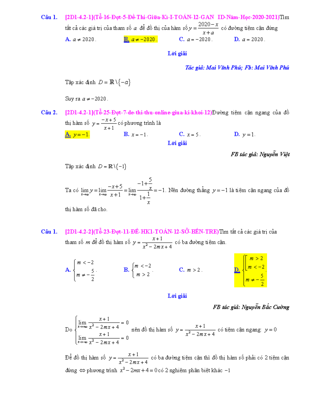 Bài toán xác định các đường tiệm cận của hàm số có tham số (MATH 2020 ...