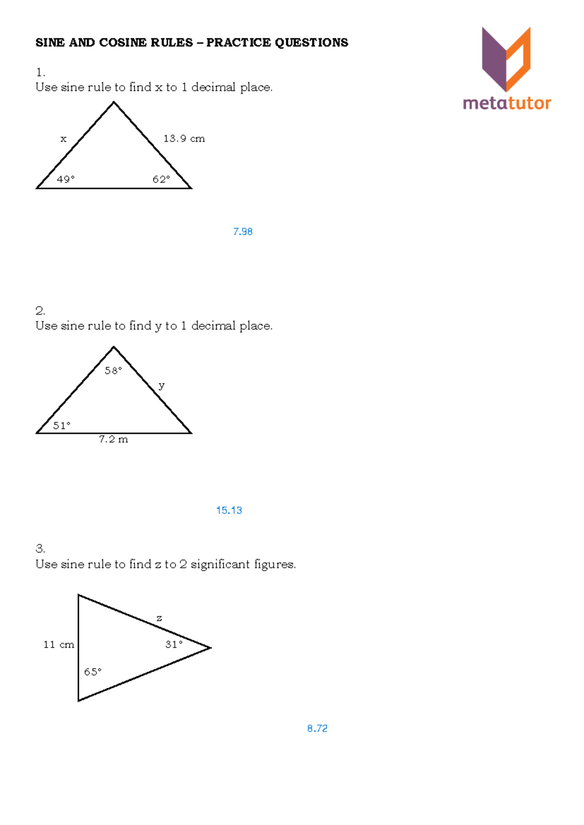 Math Homework: Sine and Cosine Rules Practice Questions - Studocu