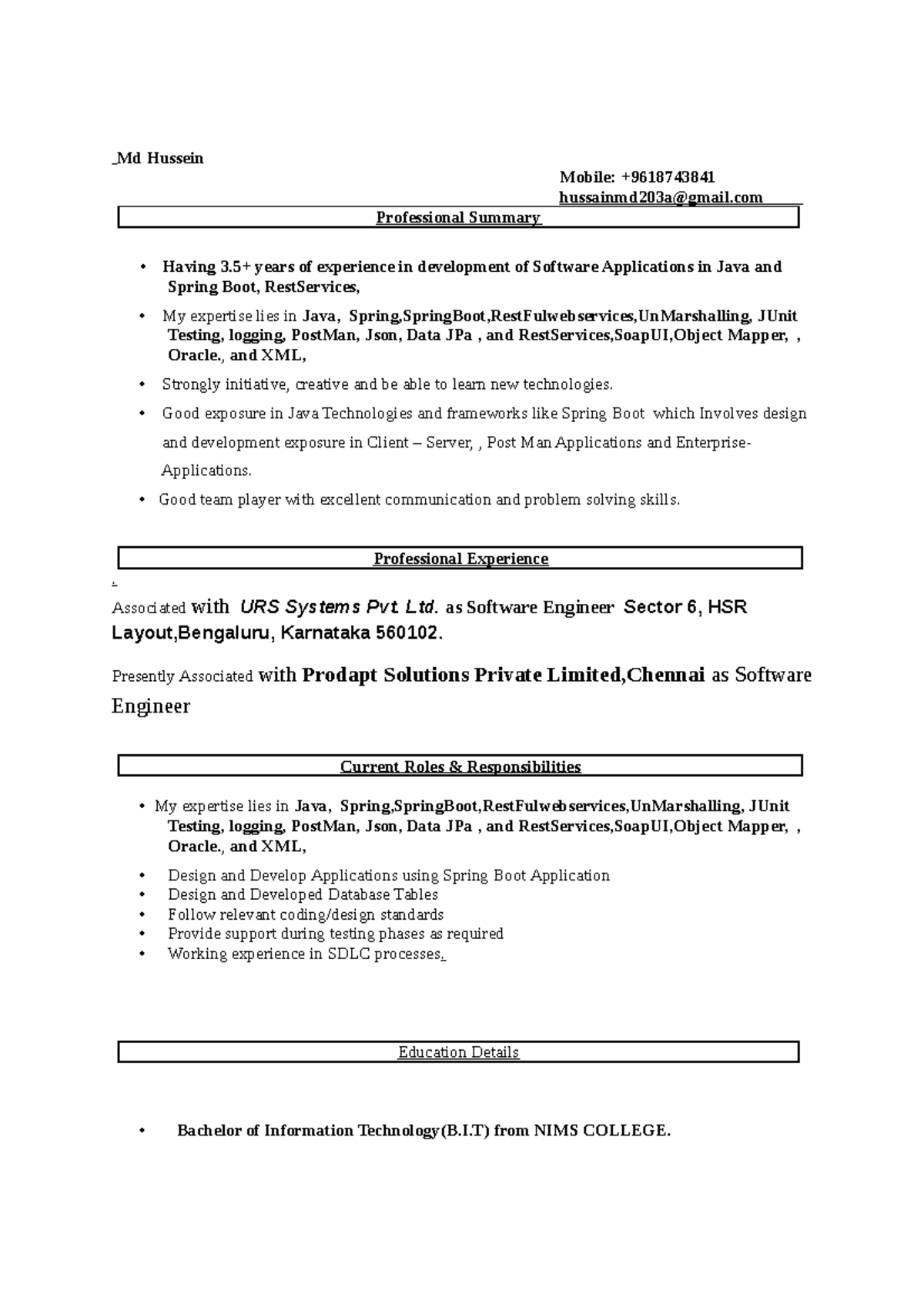 Md Hussain's Resume - Software Engineer with Java & Spring Boot ...