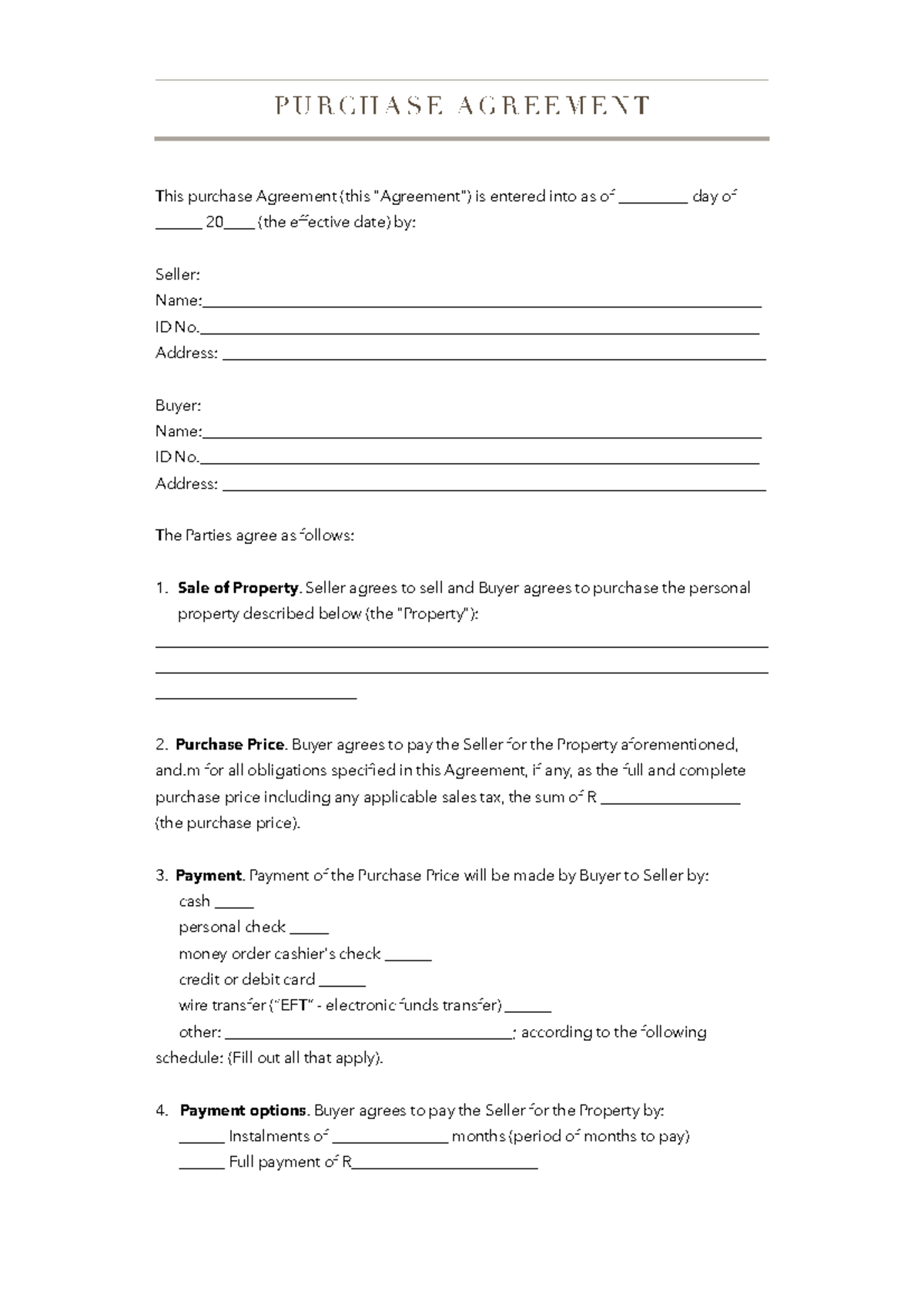 Purchase Agreement Template for Property Transactions - Studocu
