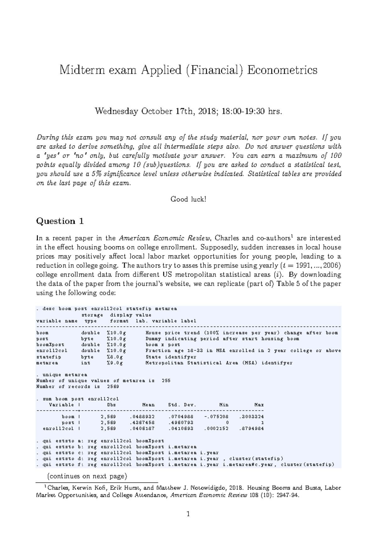 Midterm Exam Applied Econometrics: Questions & Answers (17/10/2018 ...