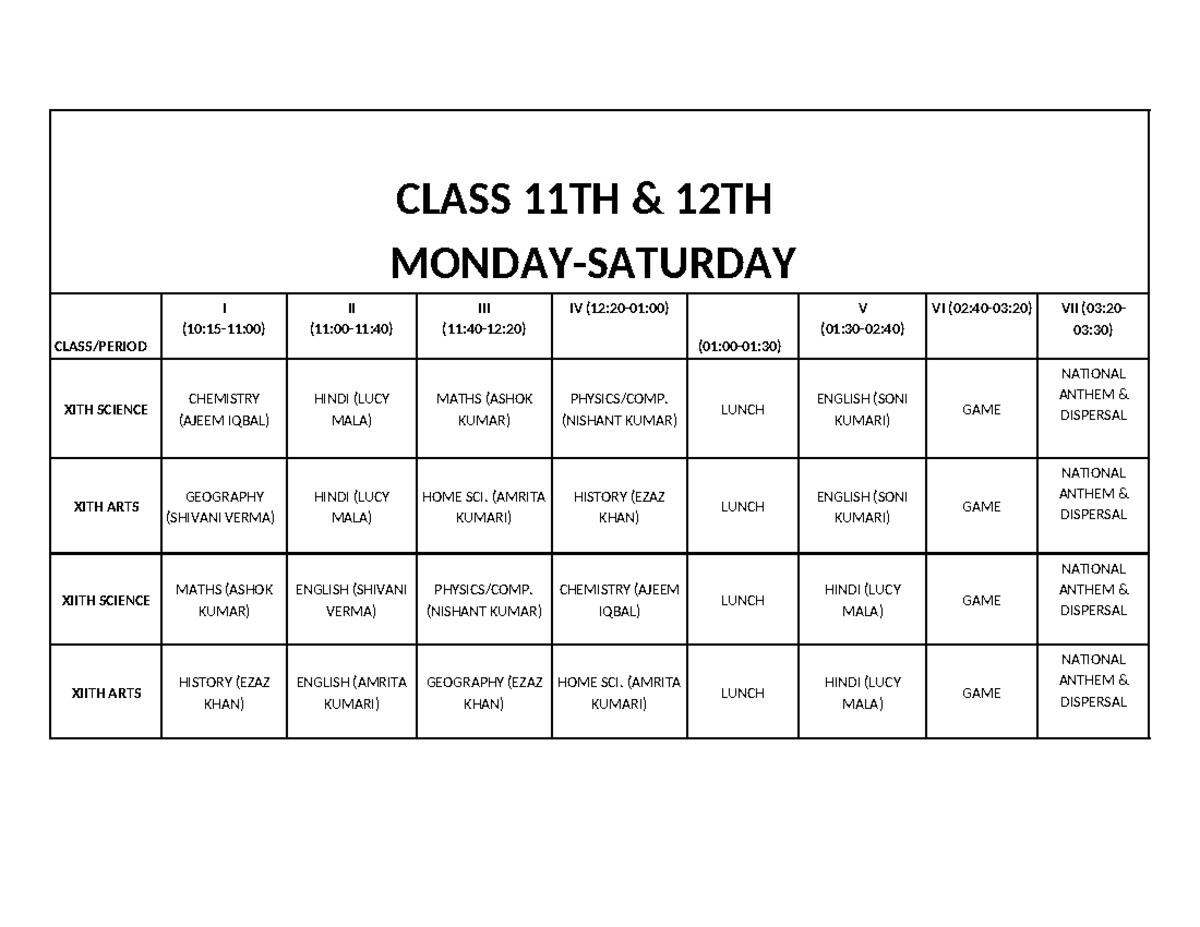 Class 11TH AND 12TH Routine - Google Sheets - CLASS 11TH & 12TH MONDAY ...