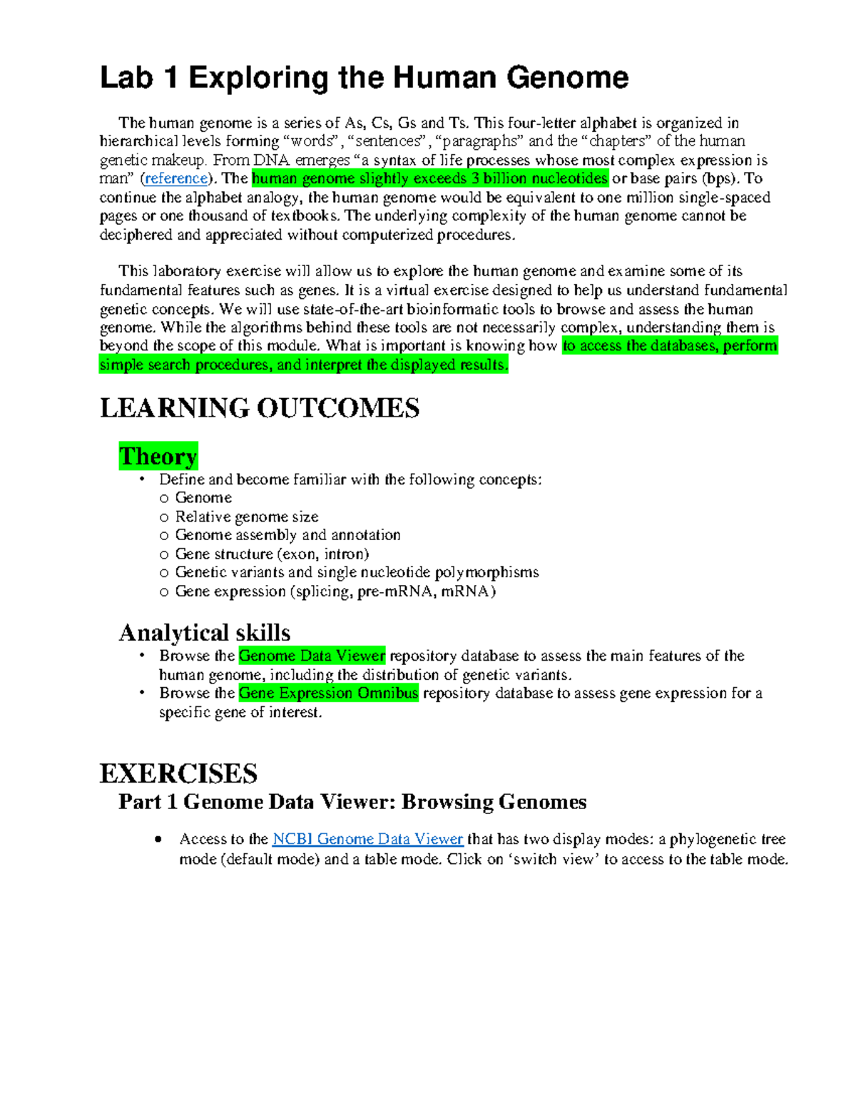 Lab 1: Exploring the Human Genome - Key Concepts and Exercises - Studocu