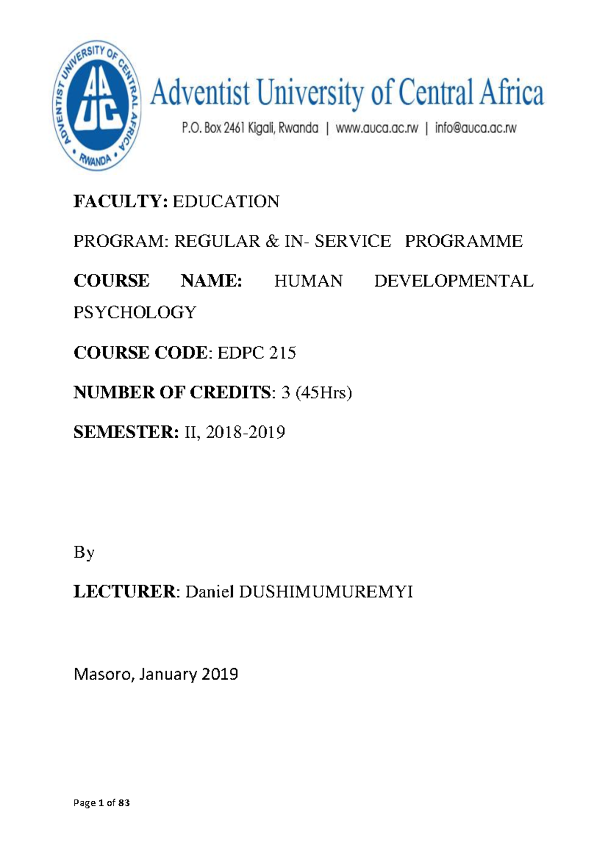 EDPC 215 - Human Developmental Psychology: Lecture Notes II (2018-2019 ...