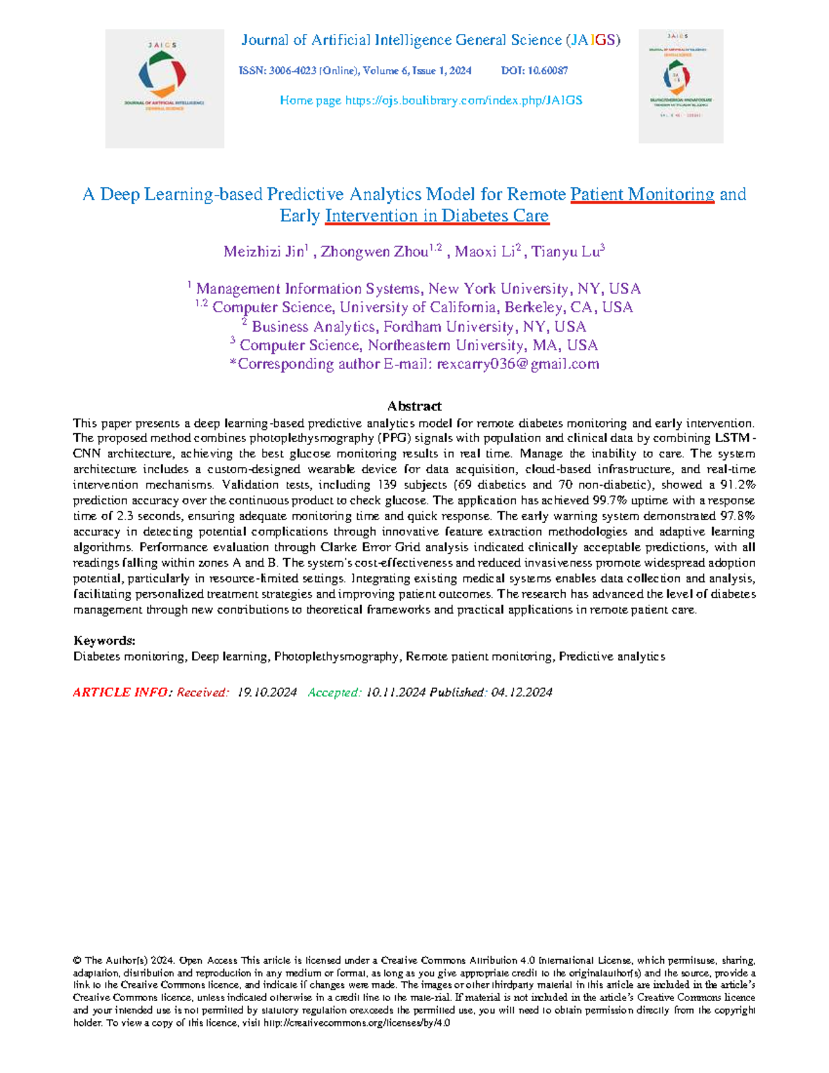 A Deep Learning Predictive Model for Diabetes Care (JAIGS) - Studocu