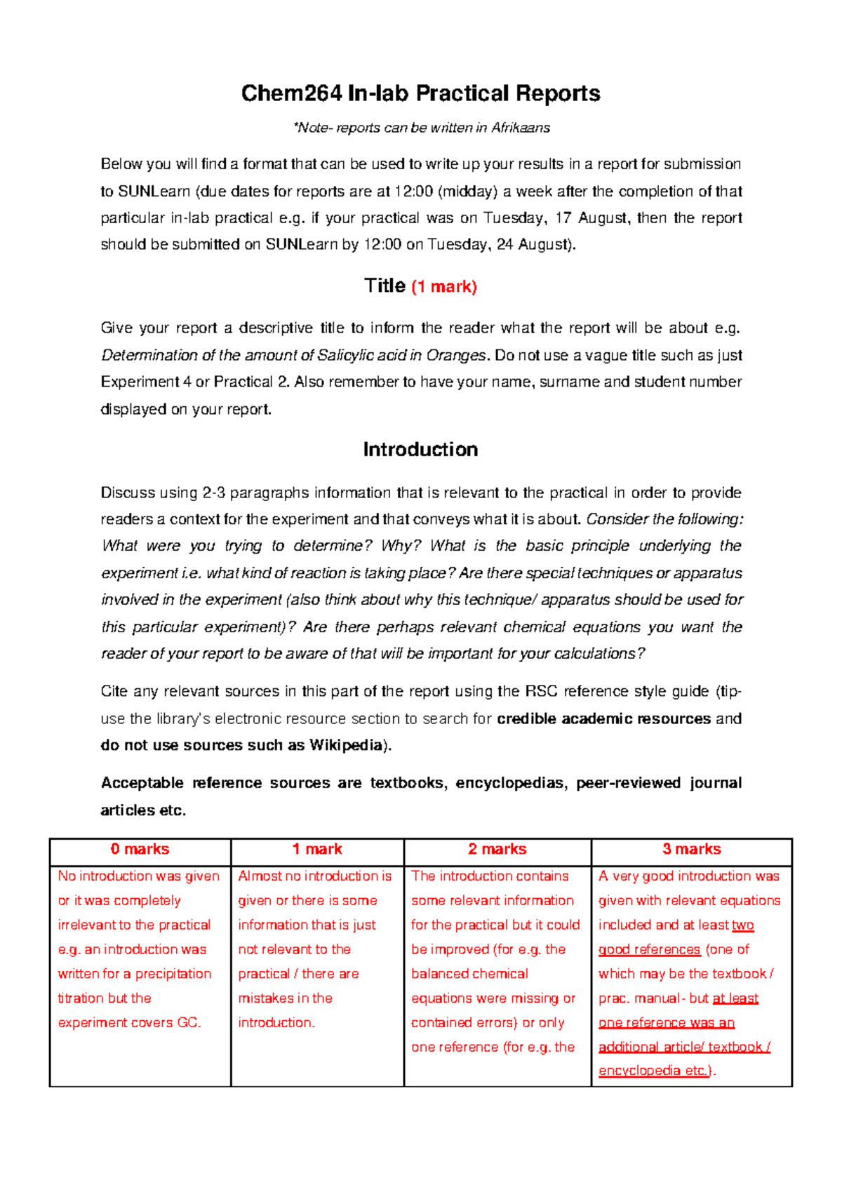 Chem264 Practical Report Format Guidelines - Studocu