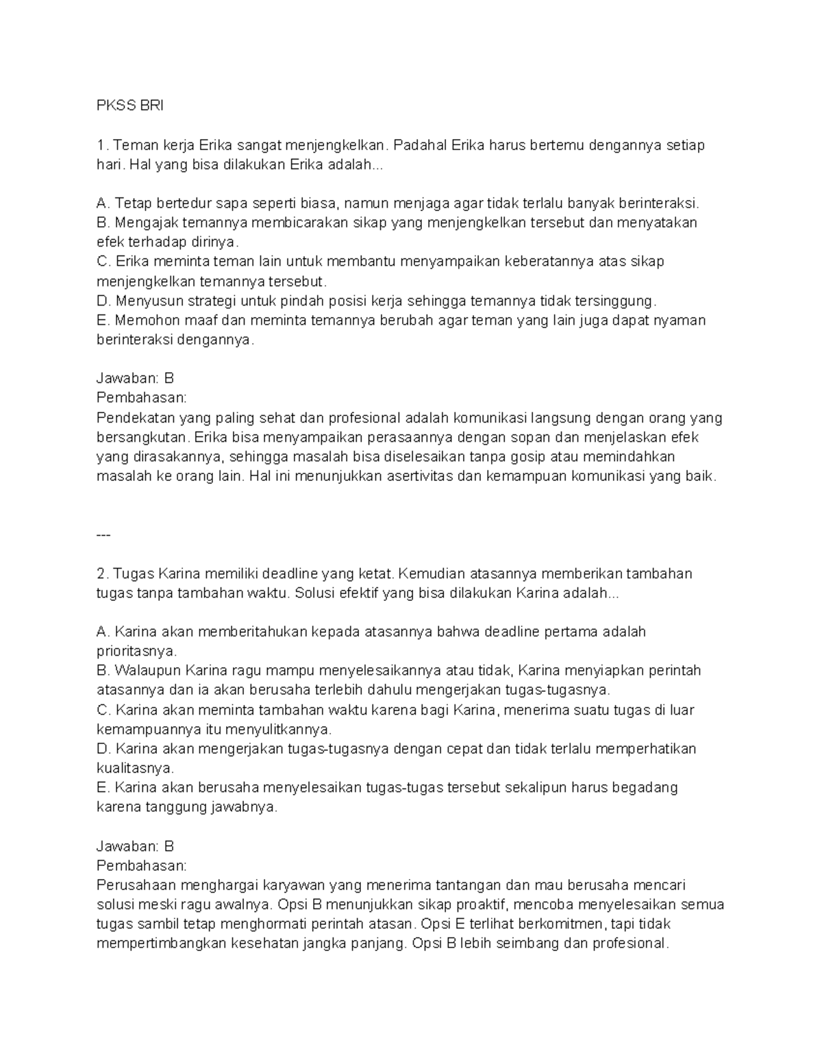 Soal Psikotest PKSS BRI: Strategi dan Solusi dalam Situasi Kerja - Studocu