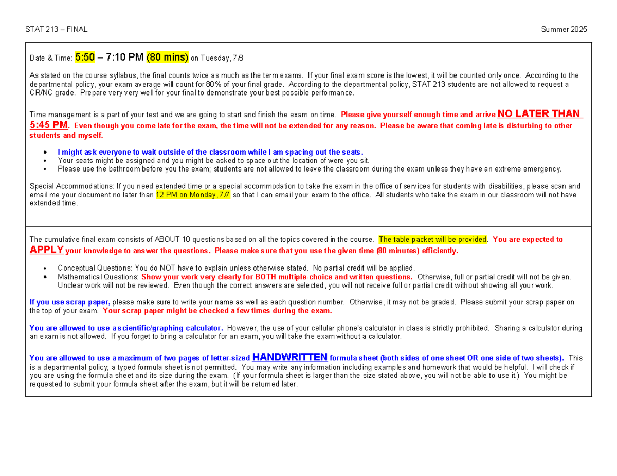 STAT 213 FINAL Exam Instructions & Study Guide - Summer 2025 - Studocu