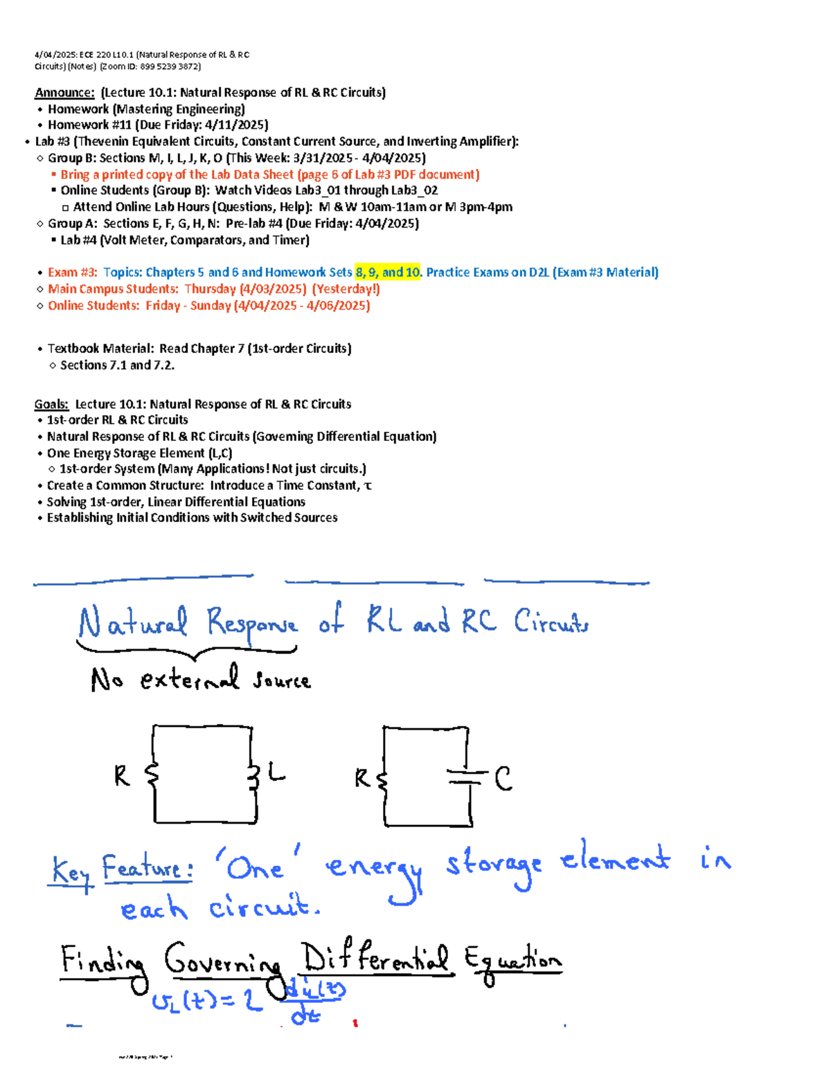 Lecture 10.1 & 10.2: Natural Response of RL & RC Circuits - ECE 220 ...