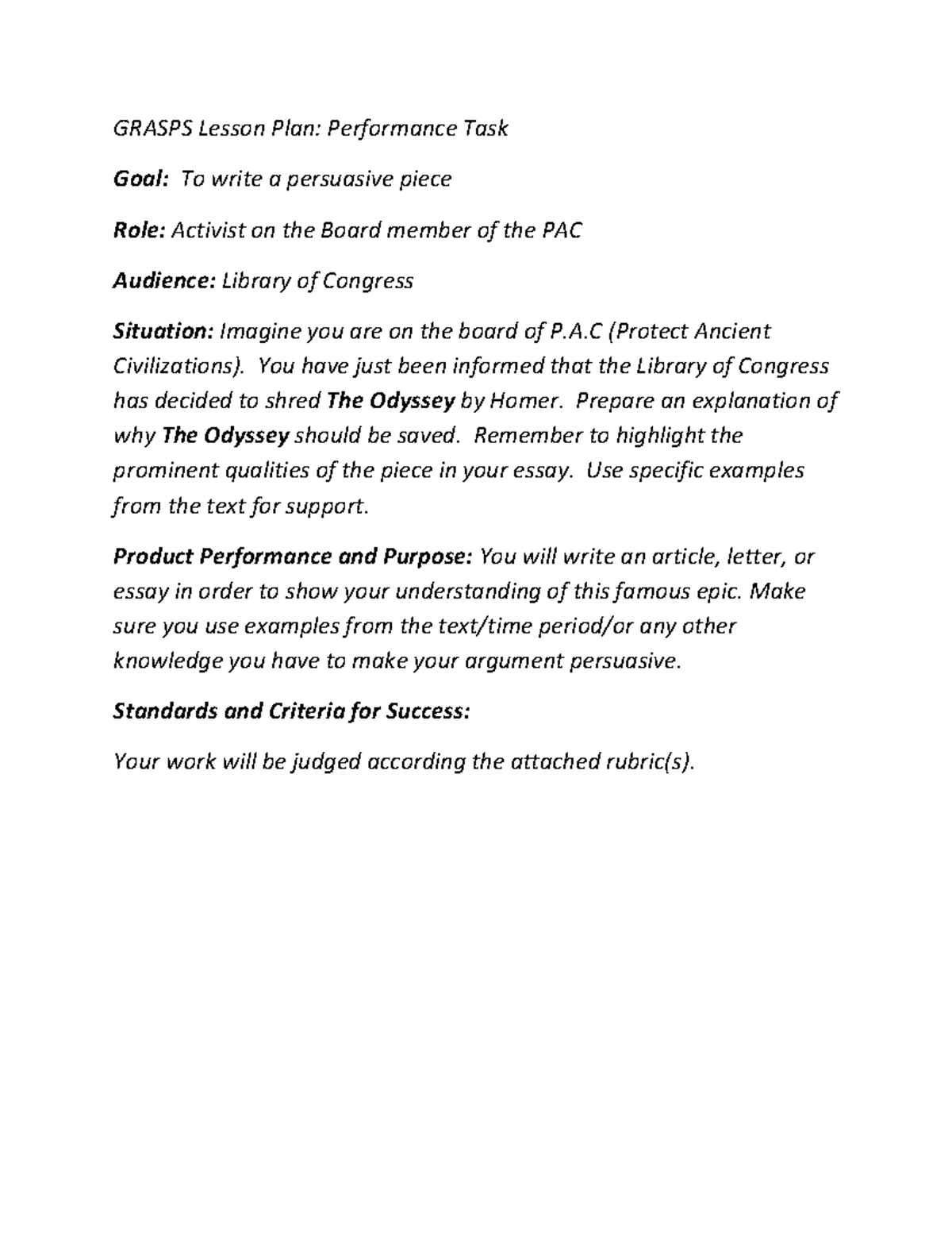 English sample performance task - GRASPS Lesson Plan: Performance Task ...