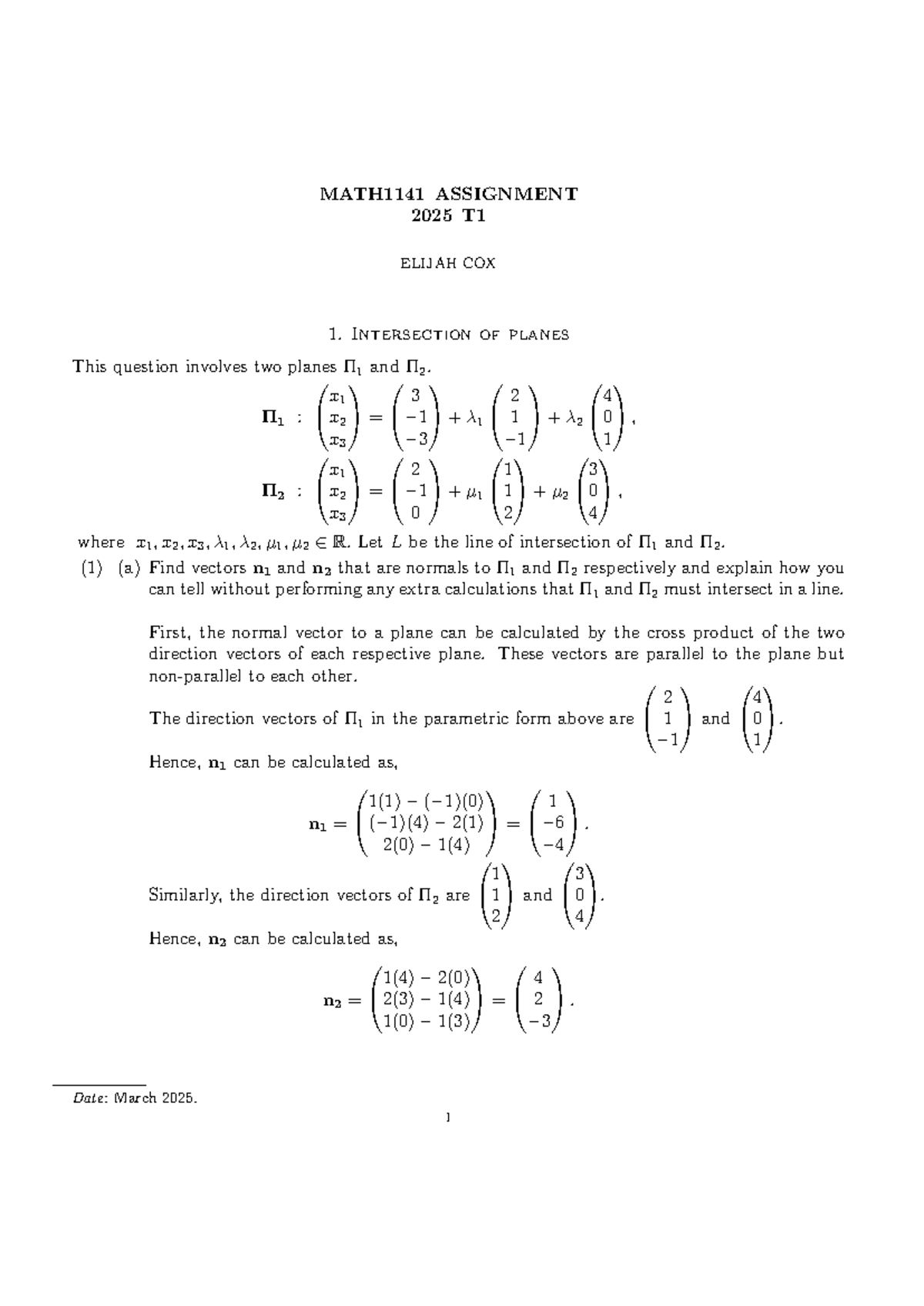 MATH1141 ASSIGNMENT 2025 T1: Intersection of Planes and IVT Analysis ...