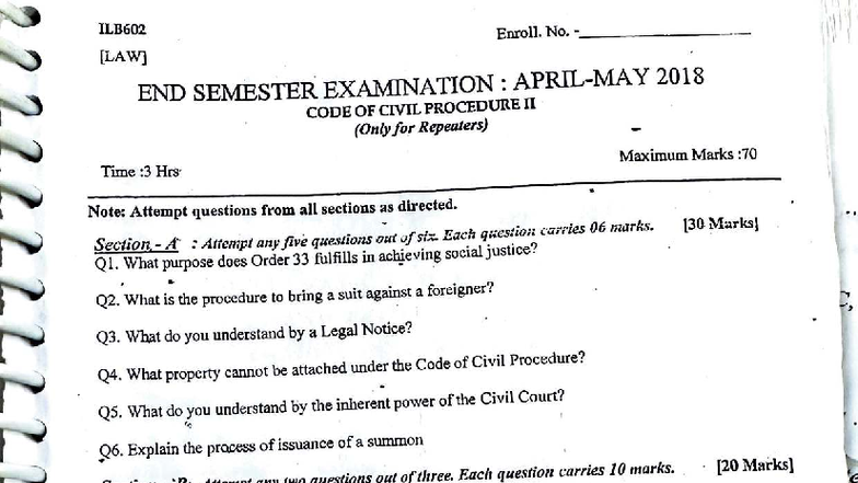 CPC PYQ - End Semester Exam 2018 (LAW314) Code of Civil Procedure - Studocu