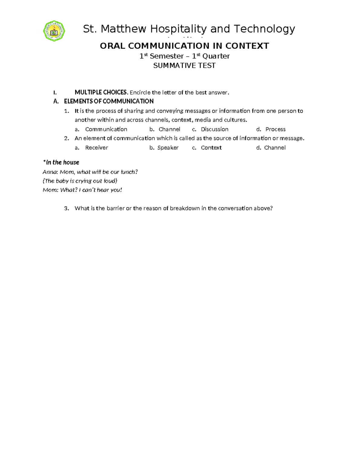 ORAL COMMUNICATION 1st Sem 1st Qtr SUMMATIVE TEST I - Studocu