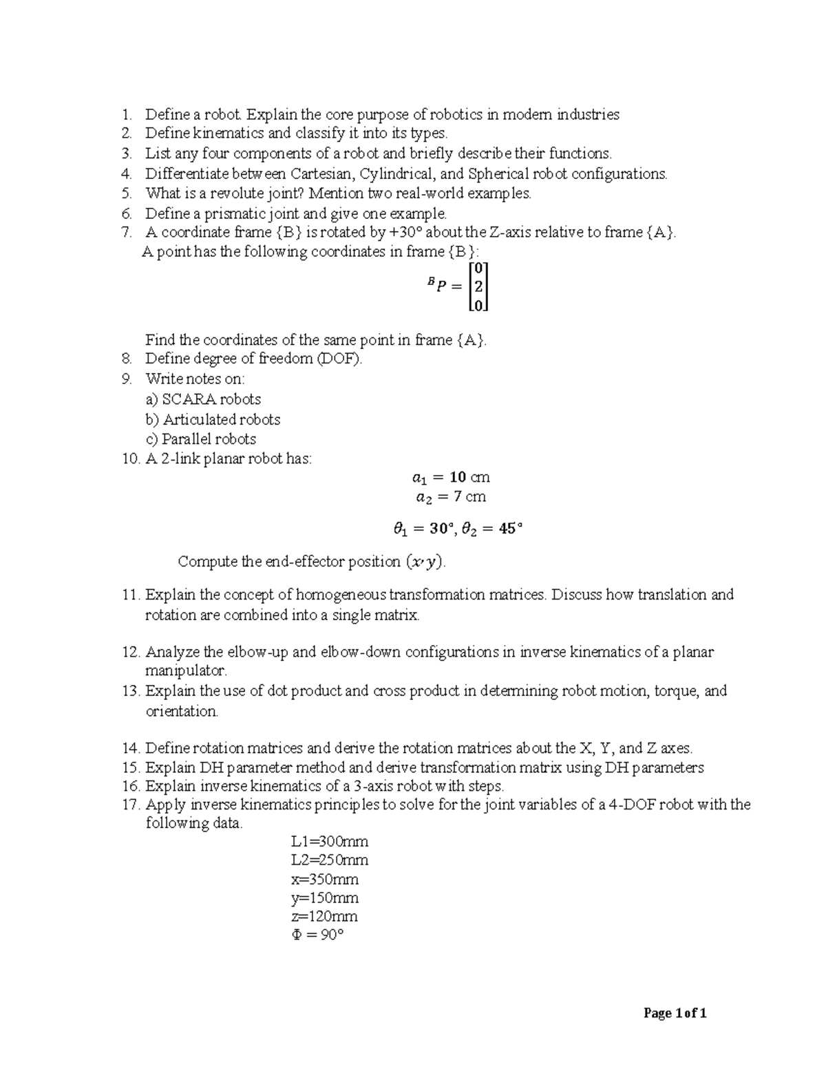 Practice Questions for Robotics IA2: Kinematics & Robot Configurations ...