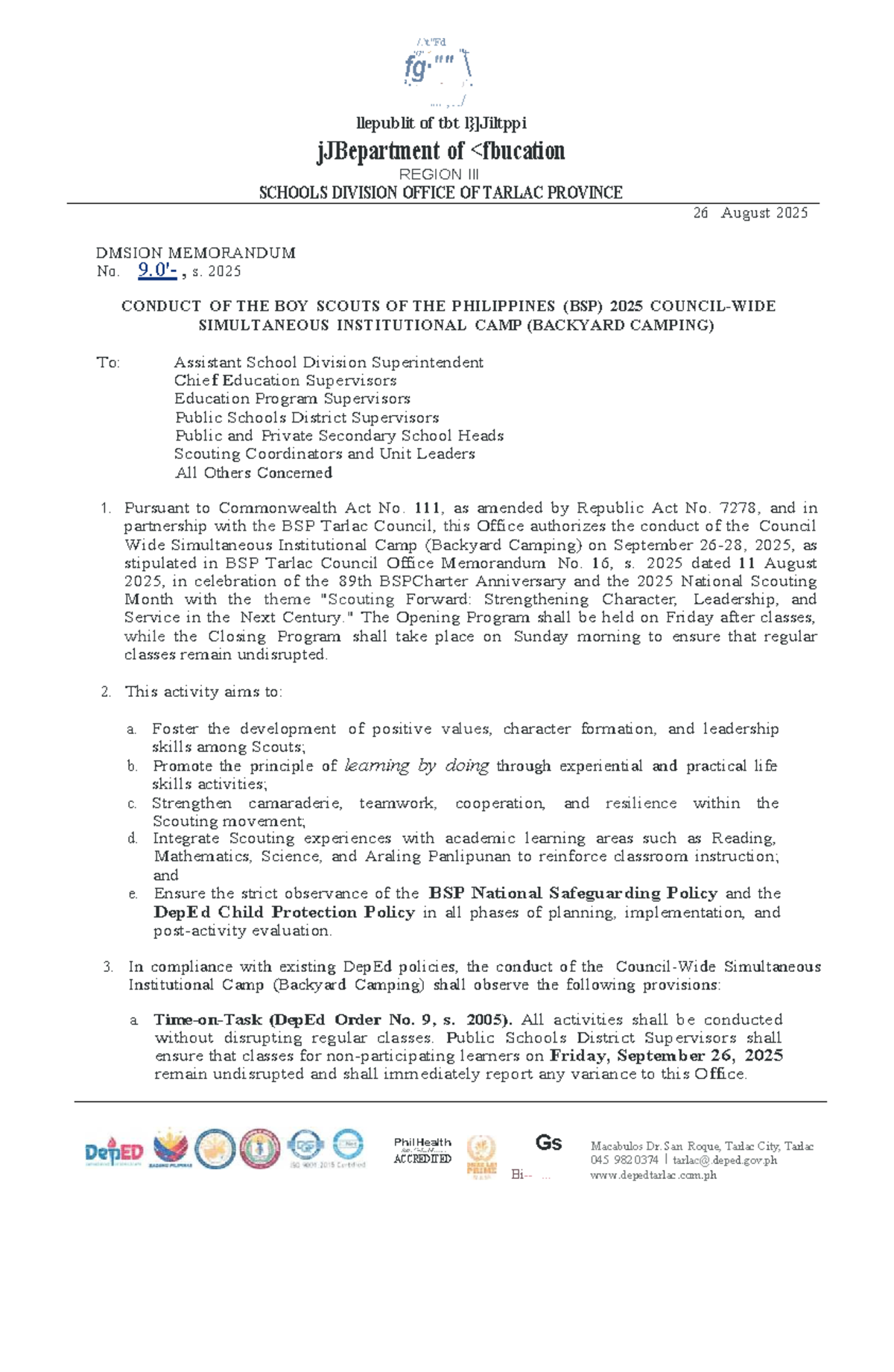 Conduct of BSP 2025 Simultaneous Institutional Camp (Backyard Camping ...