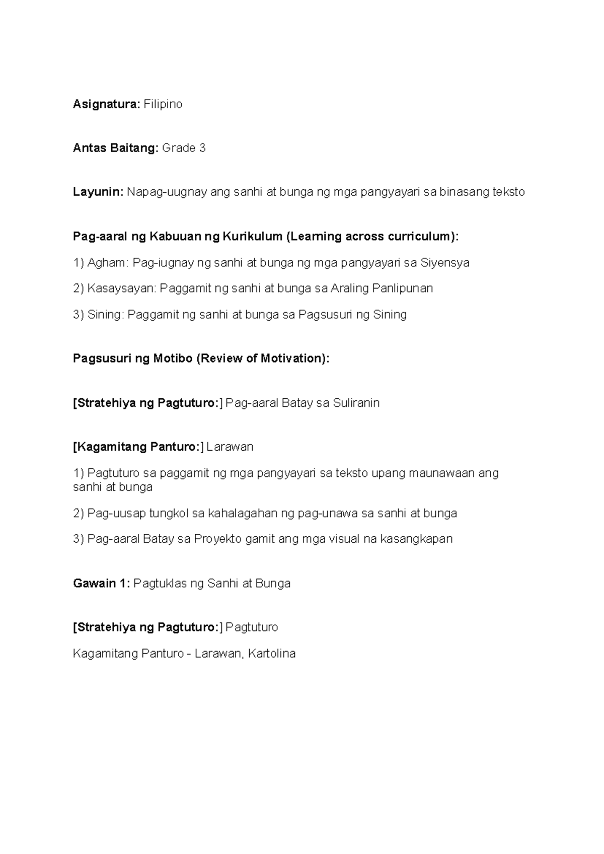 Filipino Lesson Plan for Grade 3: Cause and Effect Activities - Studocu