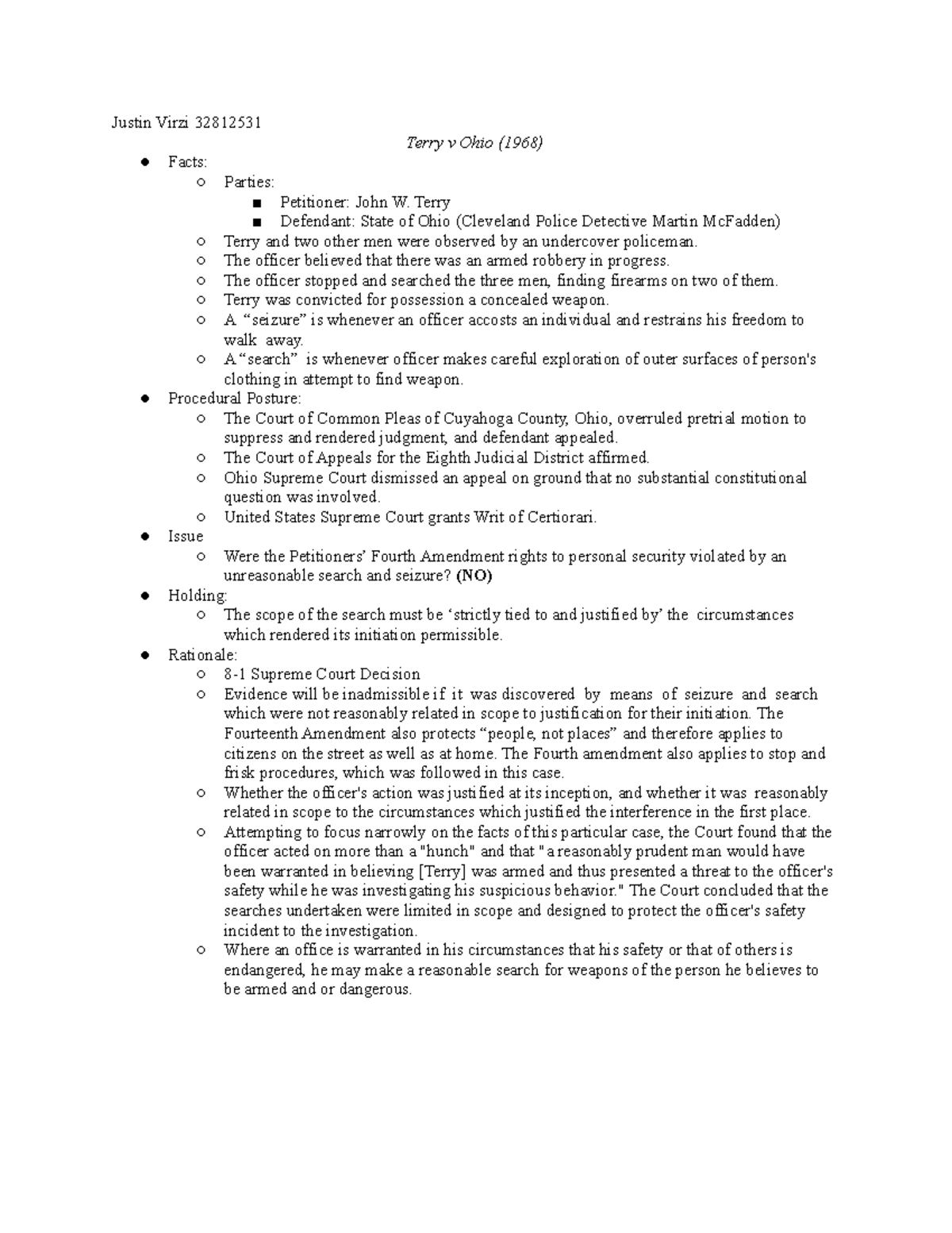Terry v. Ohio (1968) - Case Brief Analysis and Rationale - Studocu