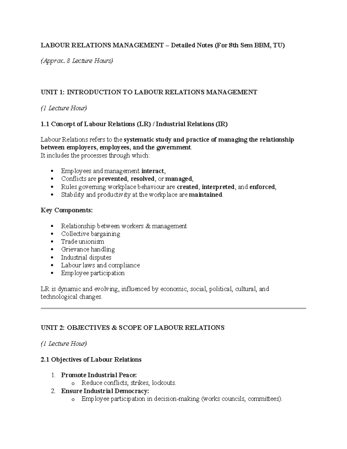 Labour Relations Management: Detailed Notes for 8th Sem BBM (Unit 1 ...