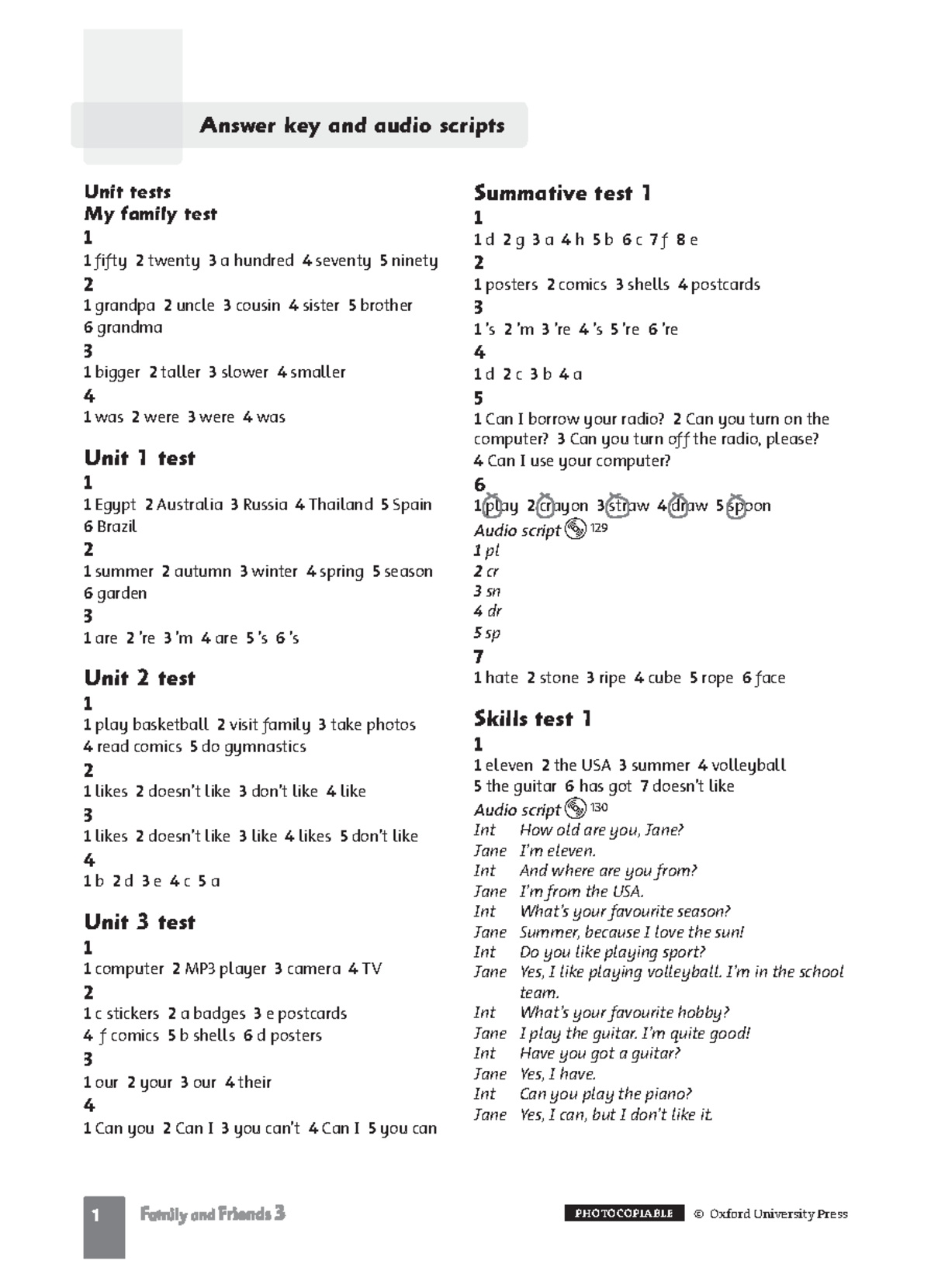 Family and Friends 3 - Answer Key & Audio Scripts (Unit Tests) - Studocu