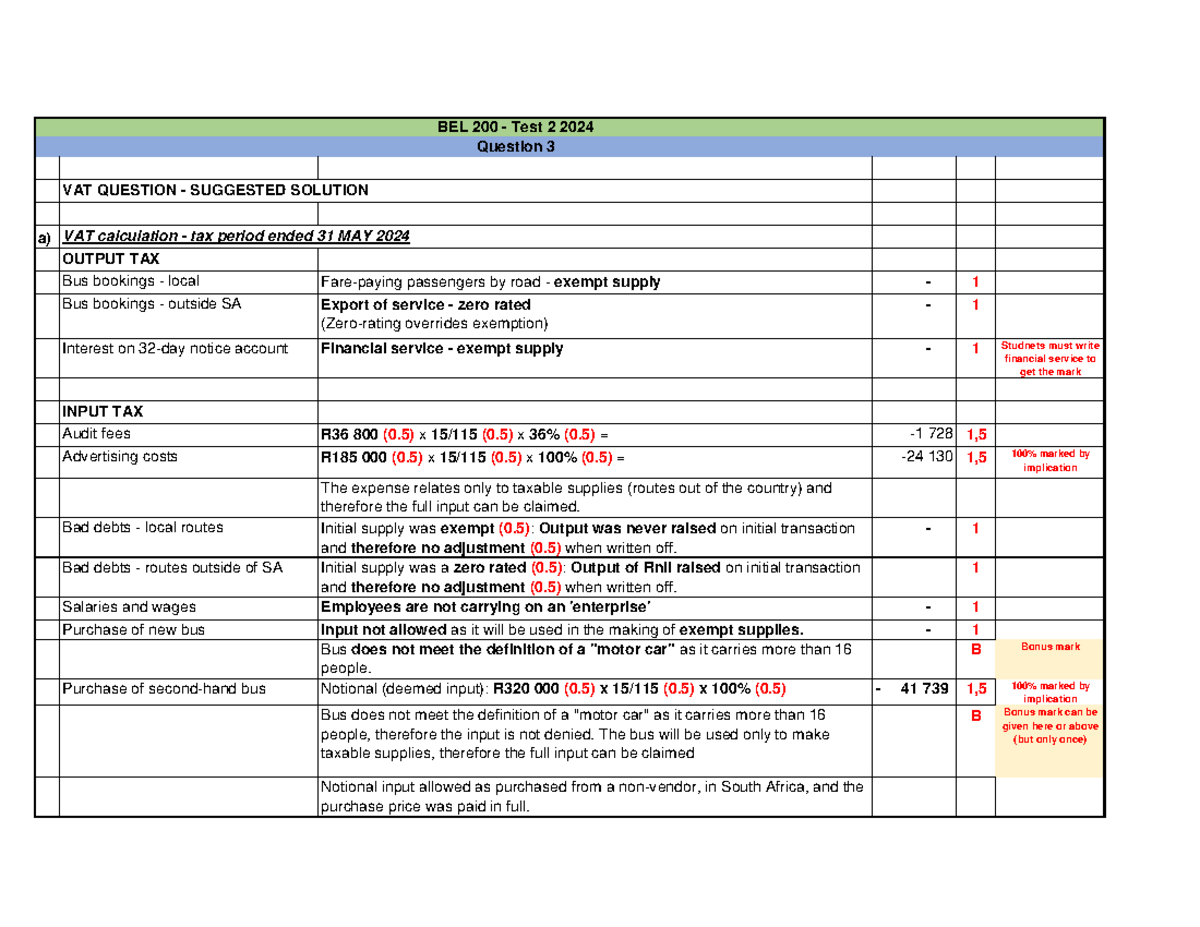BEL 200 Test 2 Suggested Solutions for VAT Calculations - Studocu