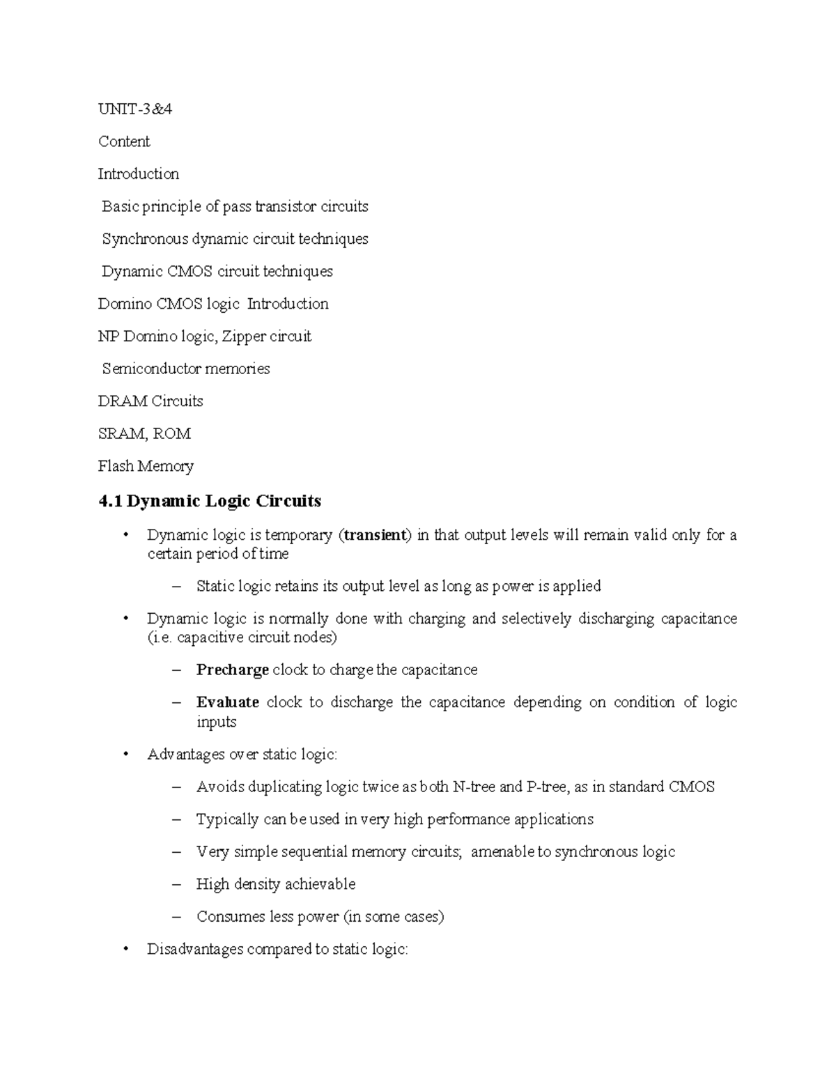 Unit 3 Lecture Notes on Dynamic Logic Circuits and Memory Technologies ...