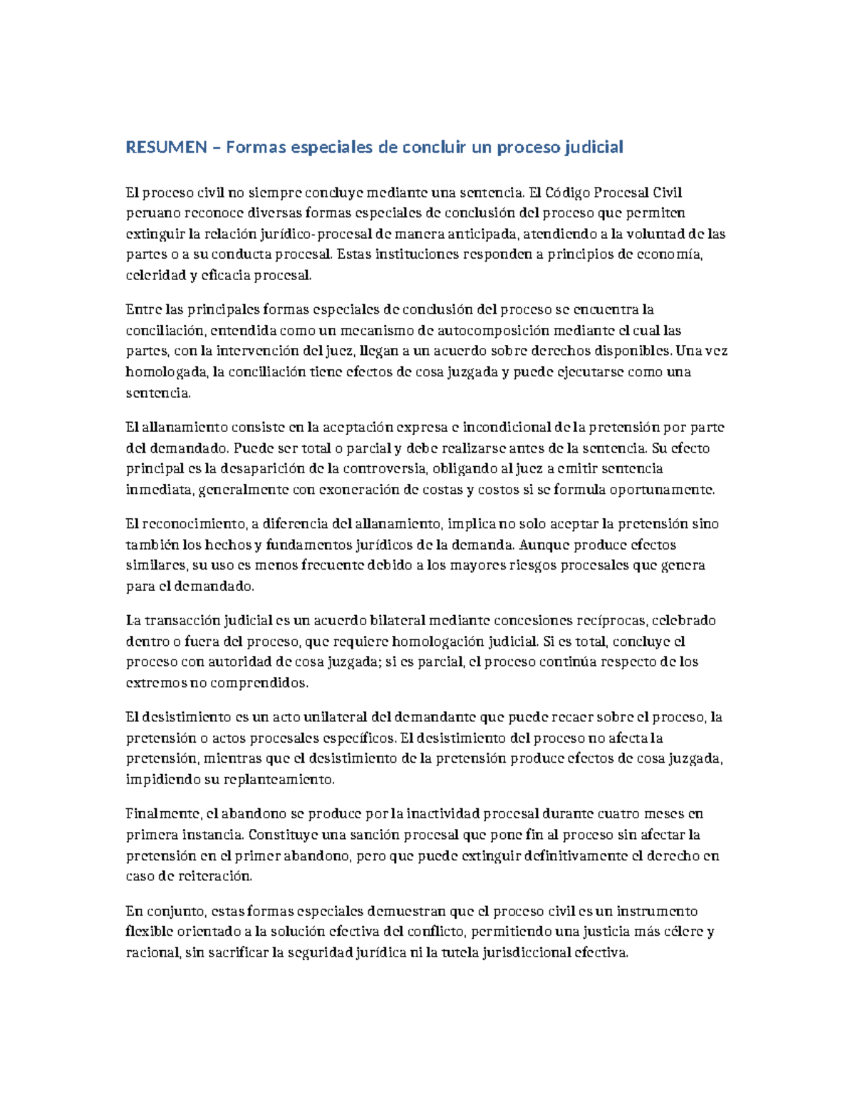 Resumen de Formas Especiales de Conclusión del Proceso Judicial - Studocu