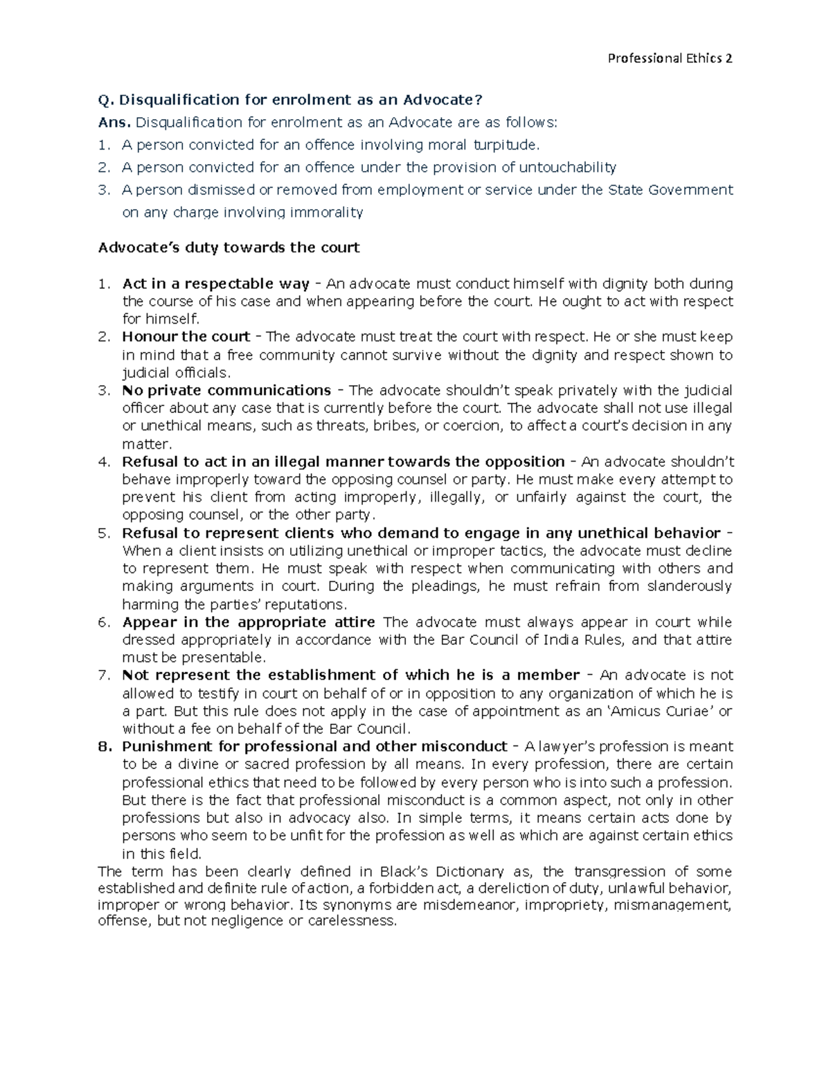 2 - Important Question - Professional Ethics 2 Q. Disqualification for ...