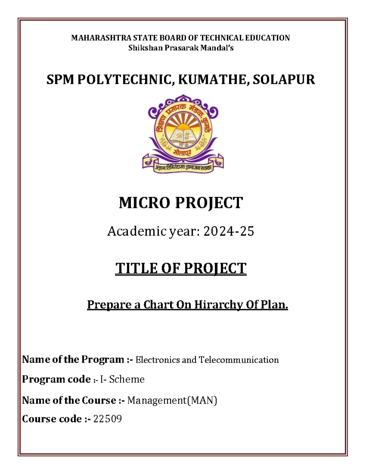MAN 22509 Micro Project: Chart on Hierarchy of Plan Analysis - Studocu
